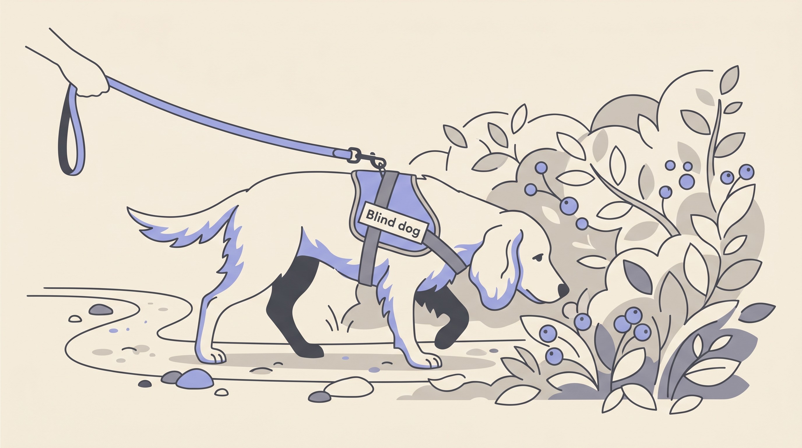 A flat illustration of a dog wearing a harness with a "blind dog" sleeve, walking on a lead while sniffing along a hedgerow path