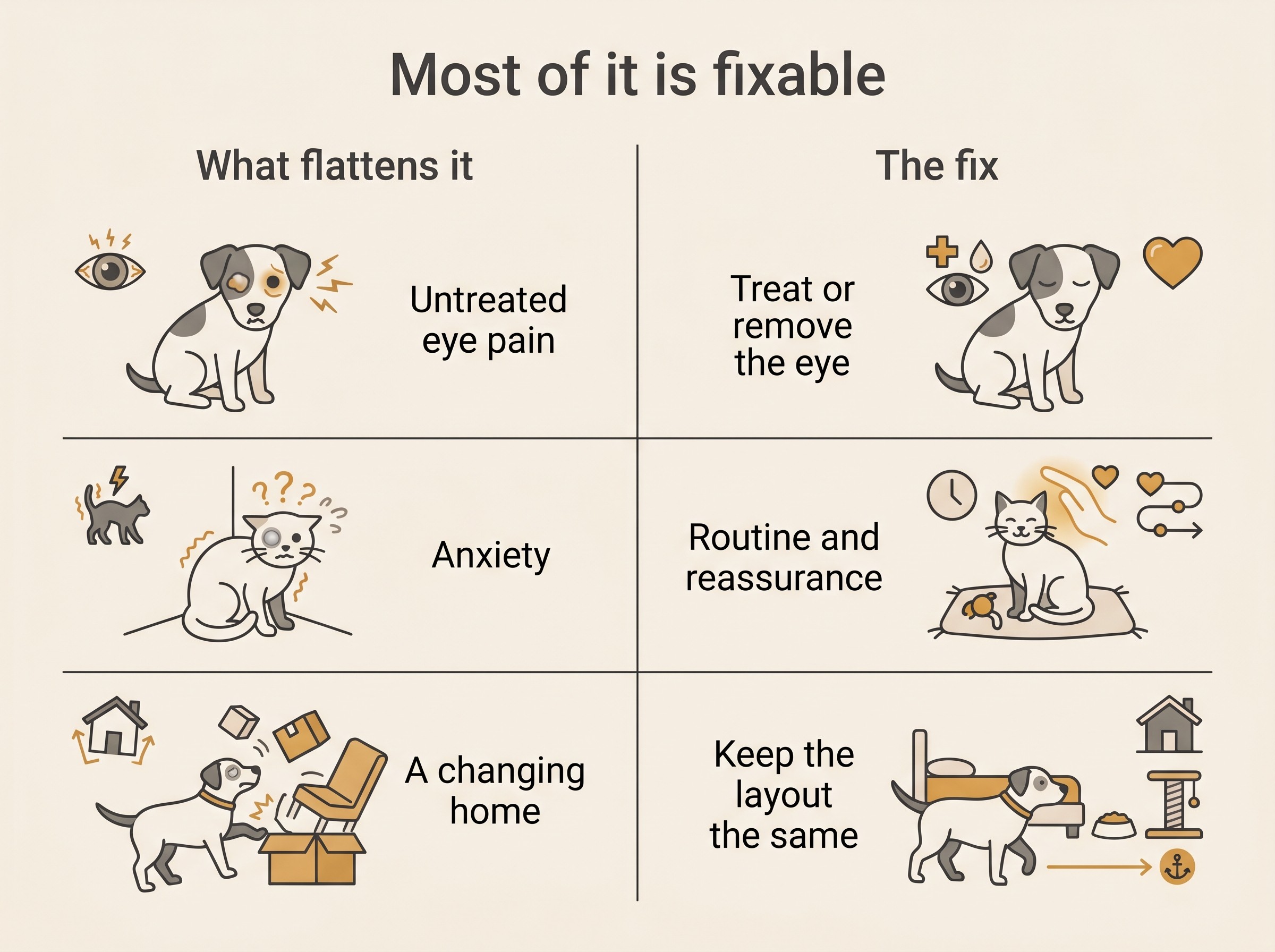 A two-column card on cream headed “Most of it is fixable”, pairing each thing that flattens a blind pet's quality of life with its fix: untreated eye pain with treating or removing the eye, anxiety with routine and reassurance, a changing home with keeping the layout the same