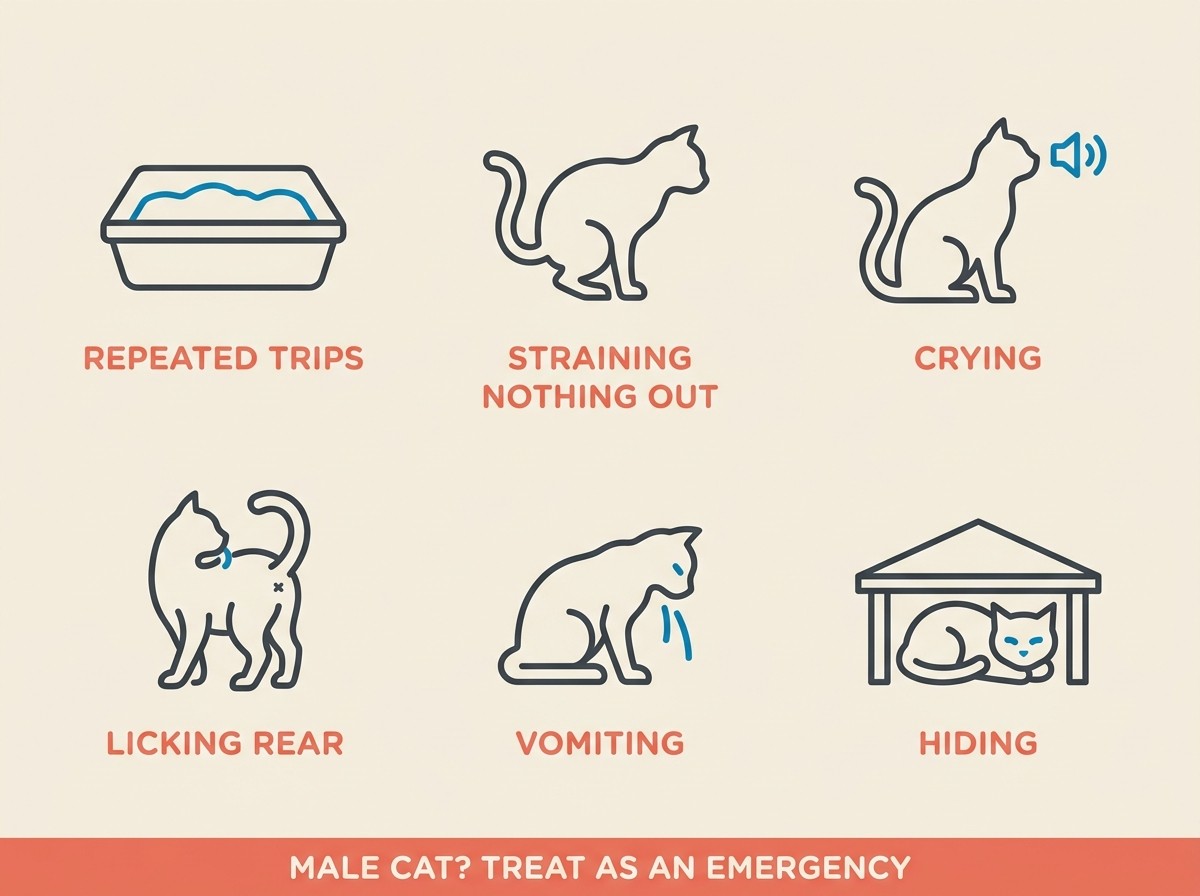 Flat vector icon grid of blocked-cat warning signs on a cream background with coral headers.