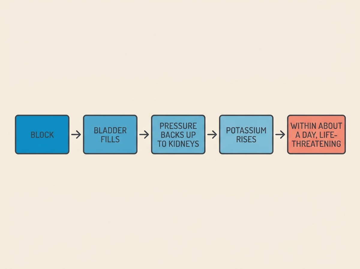 Flat vector chain diagram on a cream background showing five linked stages with arrows, "BLOCK", "BLADDER FILLS", "PRESSURE BACKS UP TO KIDNEYS", "POTASSIUM RISES", and a final coral-coloured stage "WITHIN ABOUT A DAY, LIFE-THREATENING", earlier stages in water-blue with soft charcoal labels