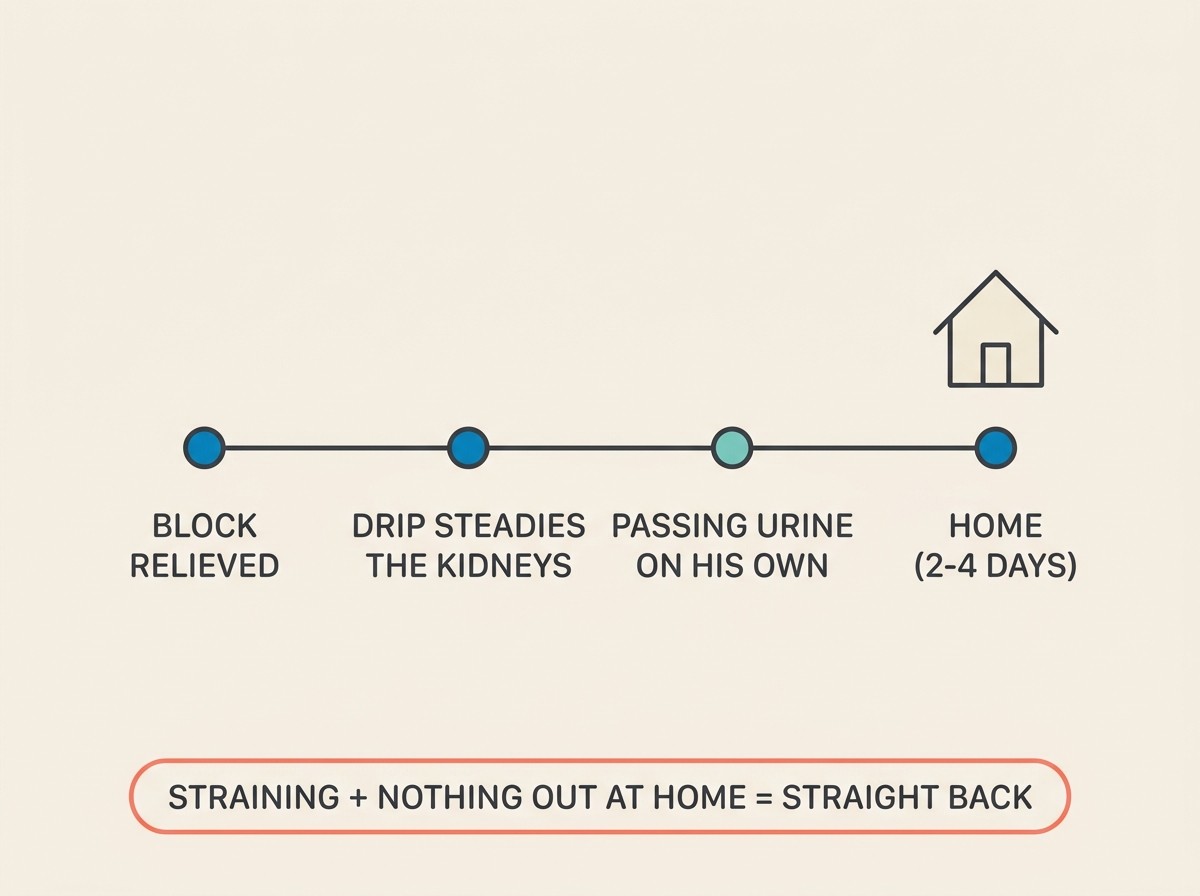 Flat vector timeline card showing the journey from blockage relief to going home over a few days.