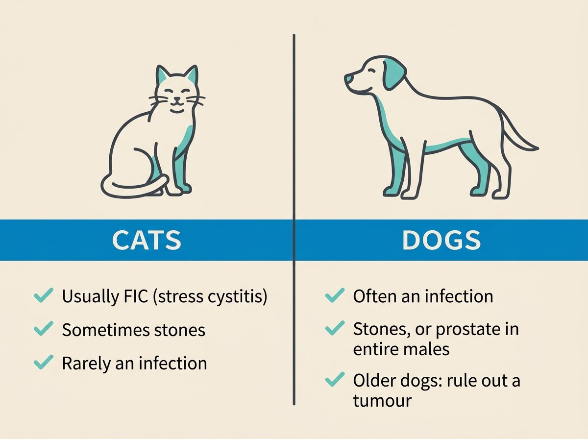Flat vector comparison card on a cream background. Left side under a calm cat: “Cats: usually FIC (stress cystitis), sometimes stones, rarely infection”. Right side under a relaxed dog: “Dogs: often infection, sometimes stones, prostate or, in older dogs, a tumour”. Water-blue headers, soft charcoal text, no clinical imagery.