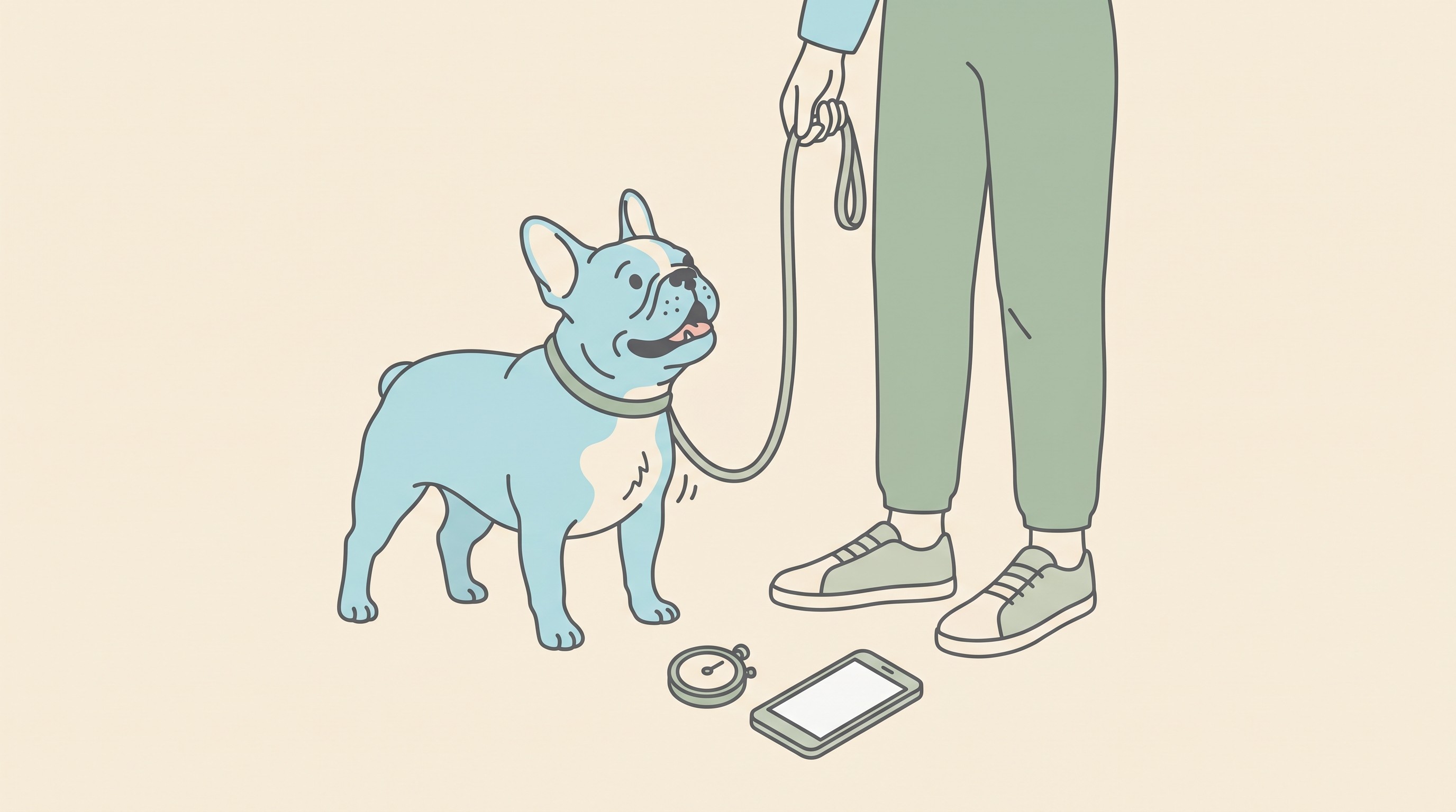 A flat-faced dog being assessed after a short trot, breathing visibly with an open mouth, in a warm flat-vector style on a cream background