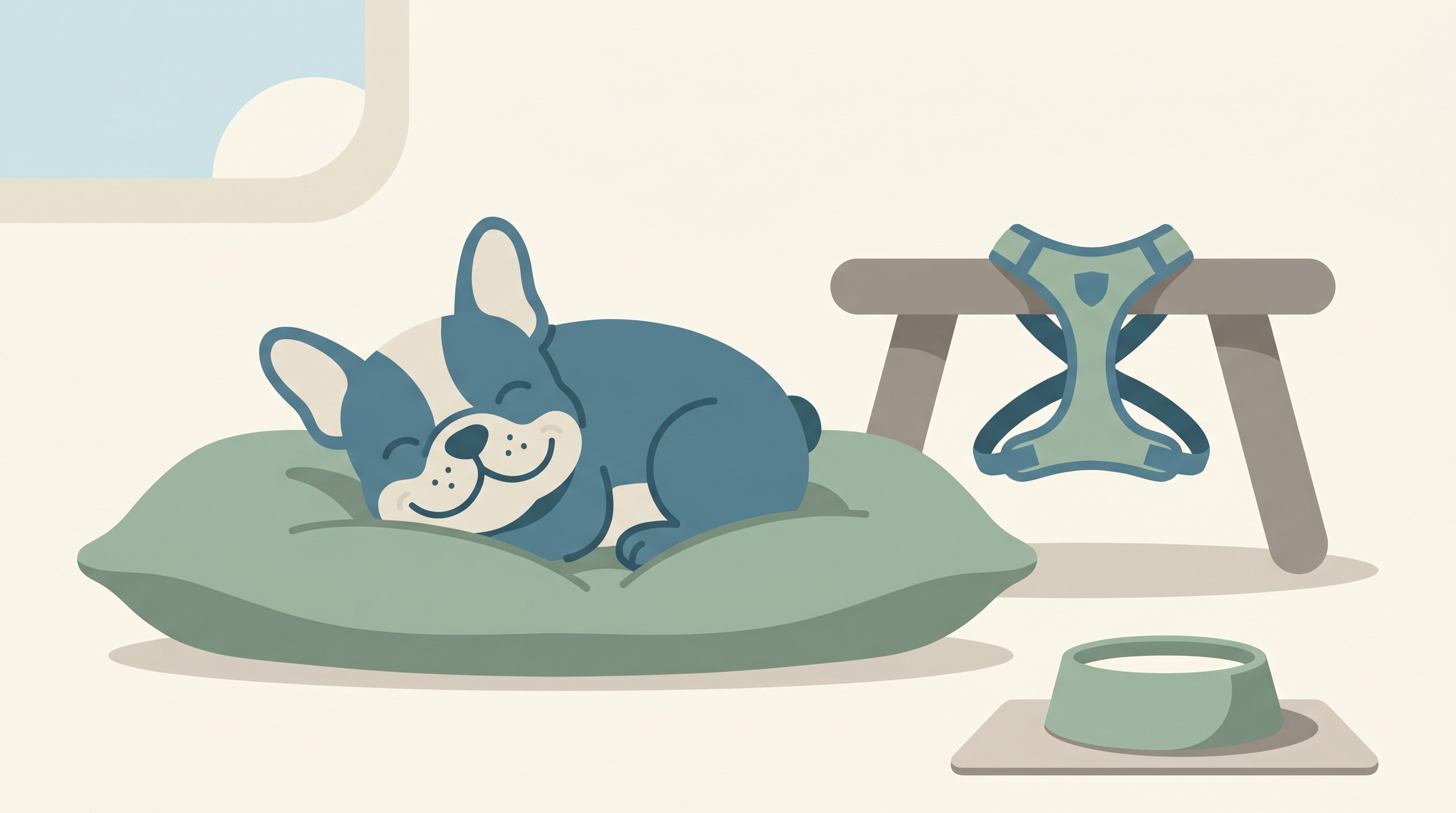 A flat-faced dog resting calmly on a cushion in a cool, quiet room, recovering after surgery, in a warm flat-vector style on a cream background