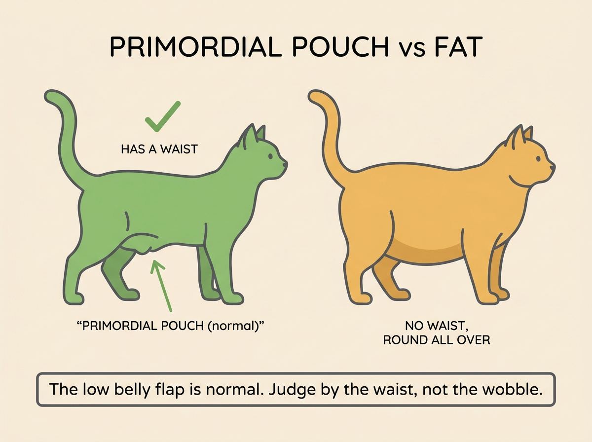 A primordial pouch versus fat comparison card showing a cat's normal low belly flap beside genuine overweight, with the rib-and-waist check arrowed.