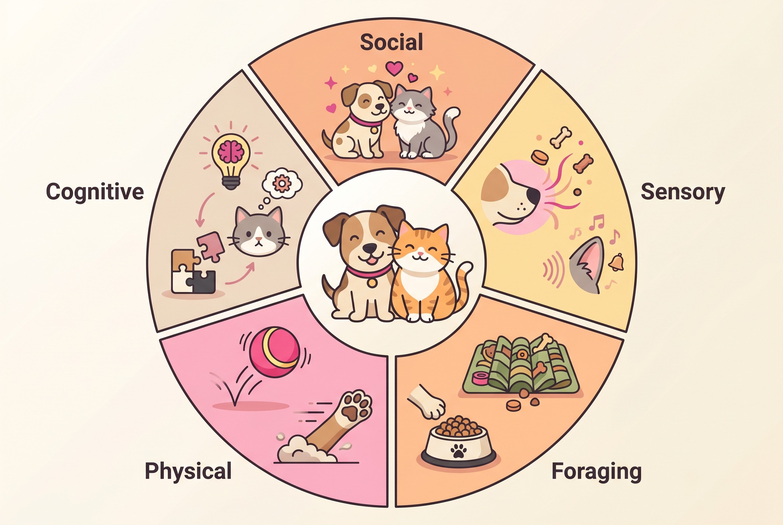 A wheel of the main enrichment types for dogs and cats: social, sensory, foraging, physical and cognitive