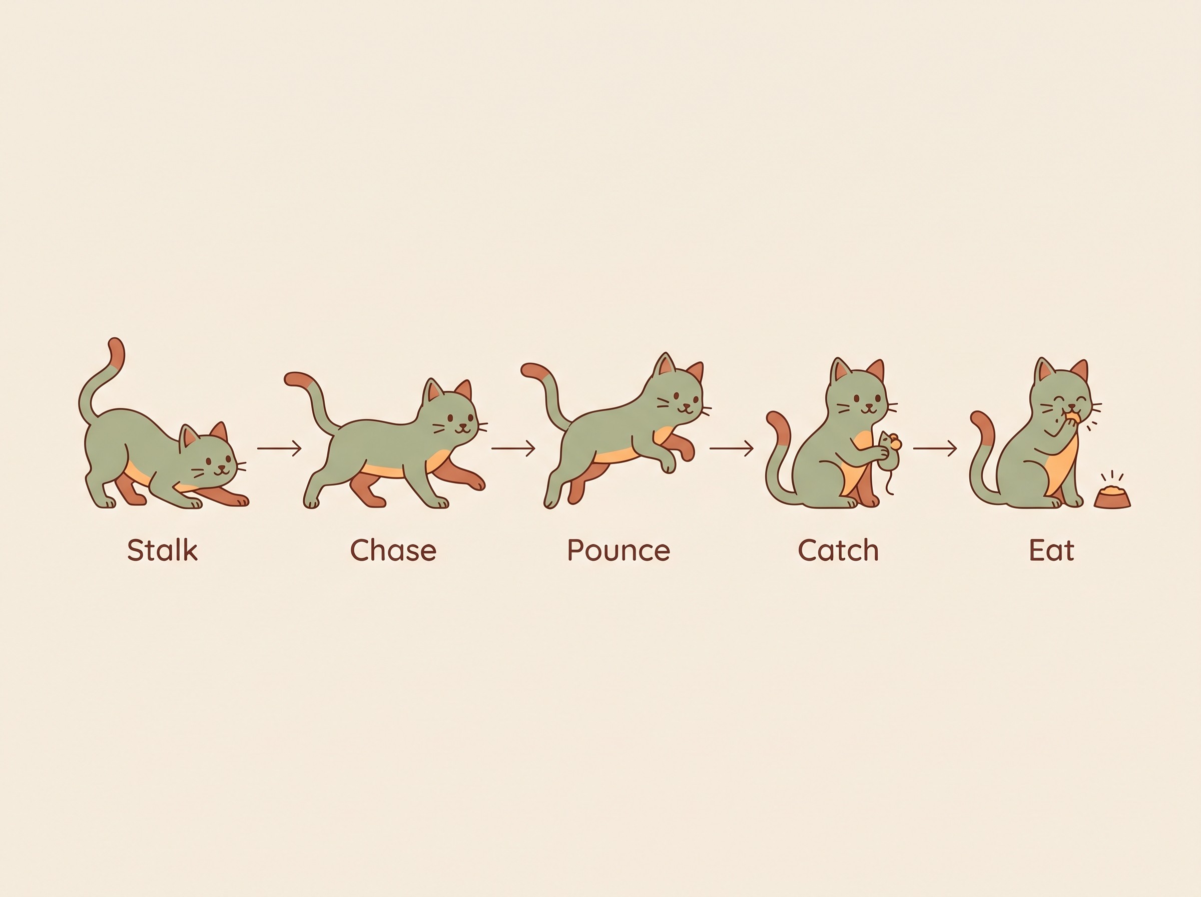 The five steps of the feline predatory sequence laid out in order: stalk, chase, pounce, catch, eat