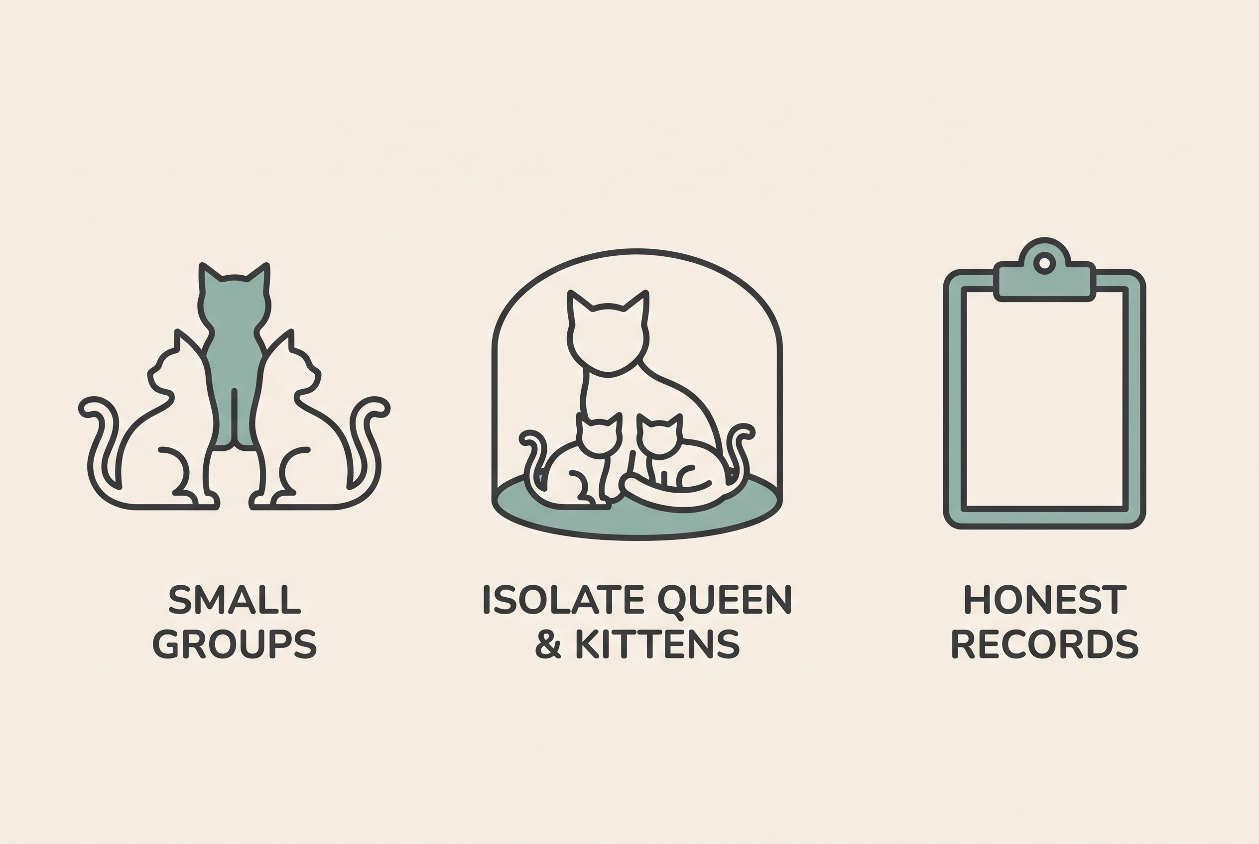 A simple icon strip on cream showing three responsible-breeder practices: small stable groups, isolating the queen and kittens, and keeping honest health records.