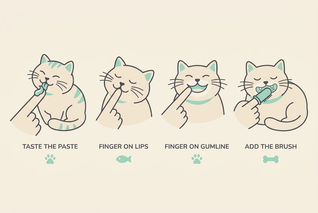 A four-step flat illustration on cream with mint accents, showing a progression labelled "TASTE THE PASTE", "FINGER ON LIPS", "FINGER ON GUMLINE" and "ADD THE BRUSH", with a small treat icon after each step.