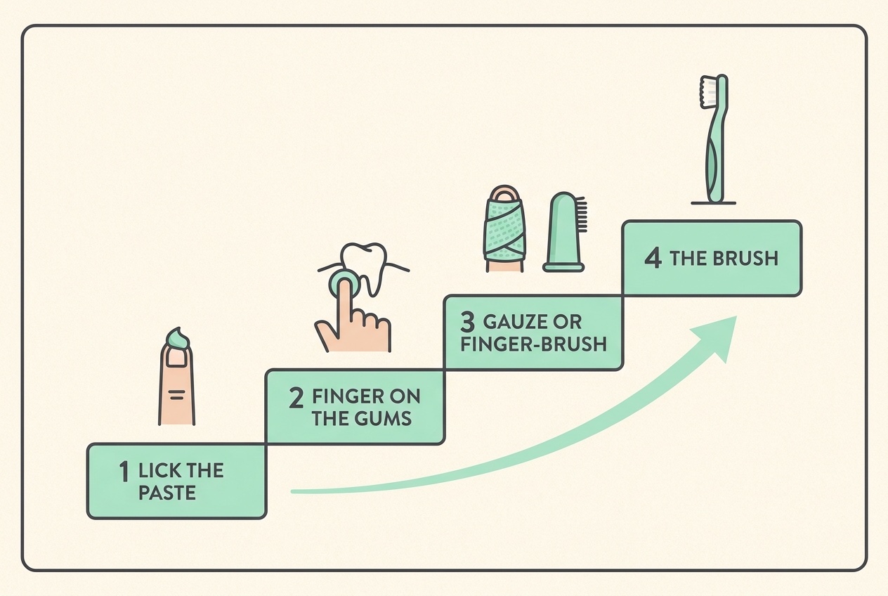 Flat vector diagram on cream with a soft mint accent, showing a four-step upward ramp labelled "1 LICK THE PASTE", "2 FINGER ON THE GUMS", "3 GAUZE OR FINGER-BRUSH", "4 THE BRUSH", each step with a small simple icon.