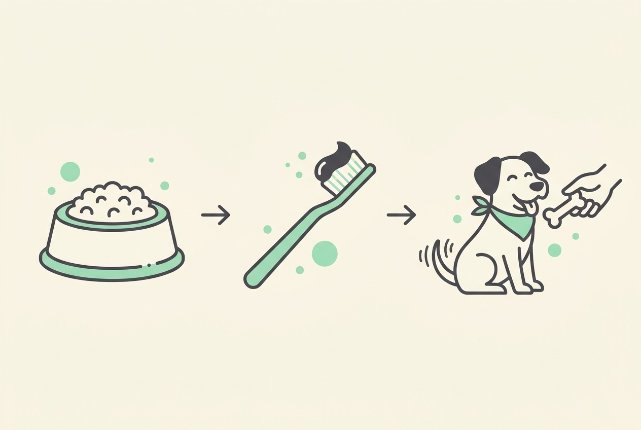 Flat vector illustration on cream with a mint accent, showing a simple three-panel routine: a food bowl, then a toothbrush, then a happy dog with a treat, joined by arrows to suggest one flows straight into the next.