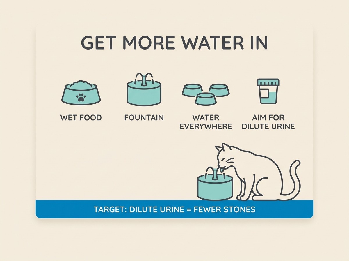 Flat vector tactics card titled GET MORE WATER IN with icons for wet food, a fountain, several water bowls and a sample pot, aqua icons on cream
