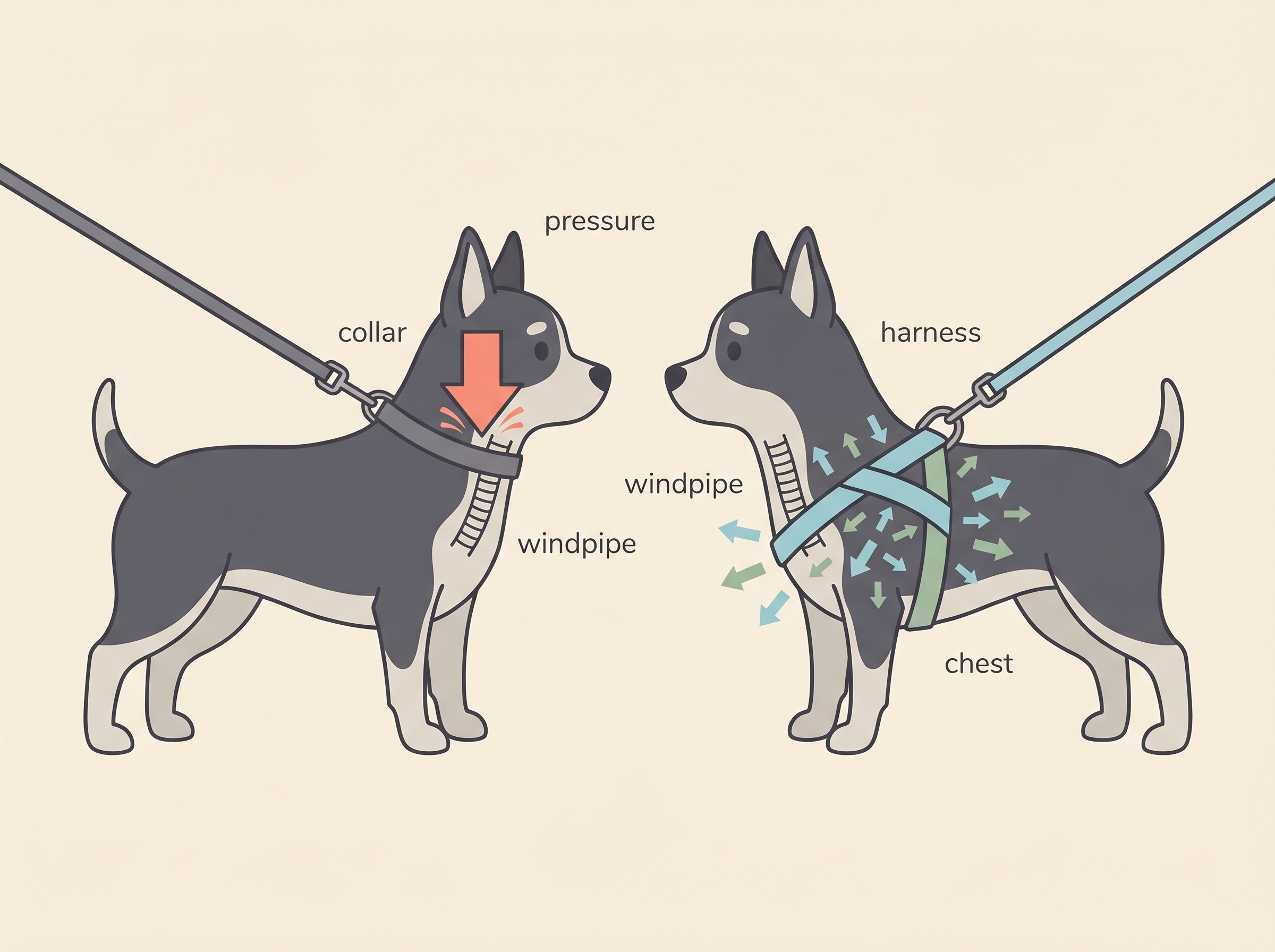 A flat-vector side-by-side diagram on a cream background: on the left a dog wearing a neck collar with a red arrow pressing down onto a labelled windpipe, on the right a dog wearing a Y-shaped body harness with the pressure spread across the chest and the windpipe clear, both labelled