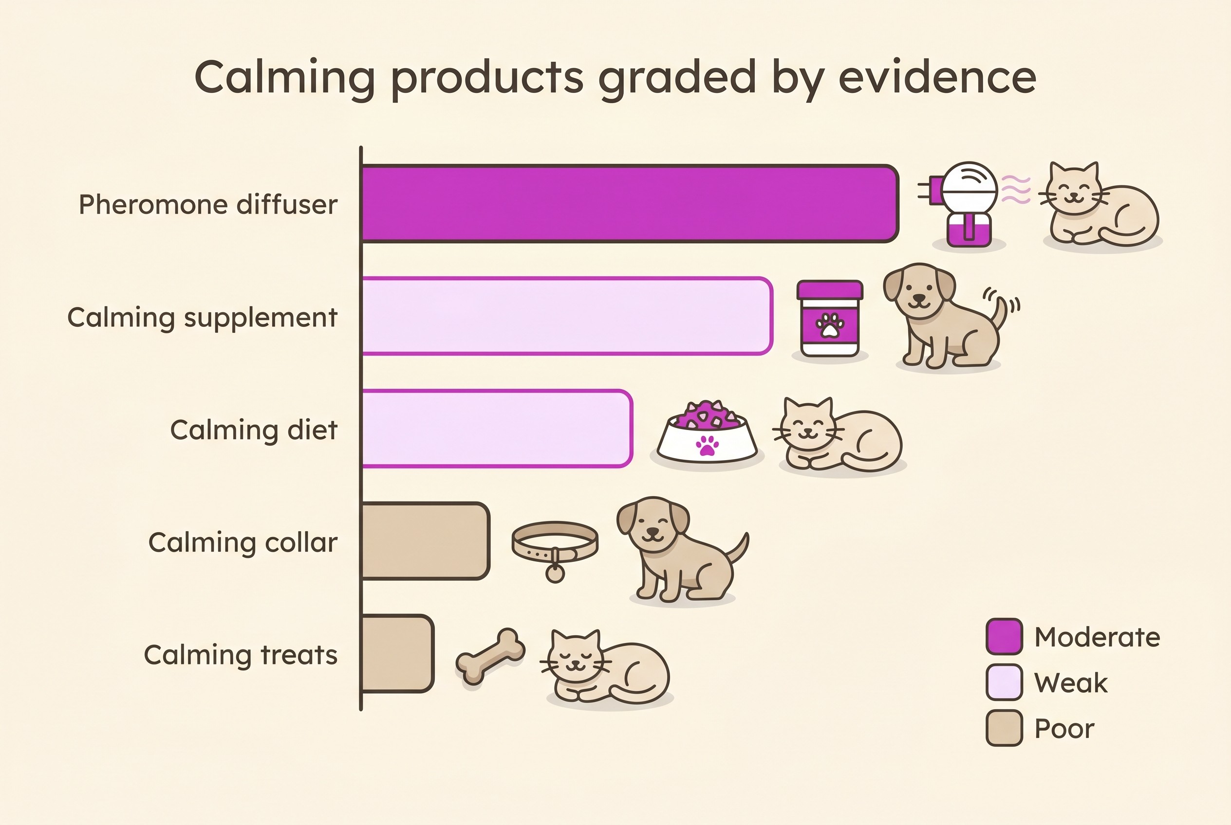 A simple honest evidence grade for the common calming products, from moderate down to poor