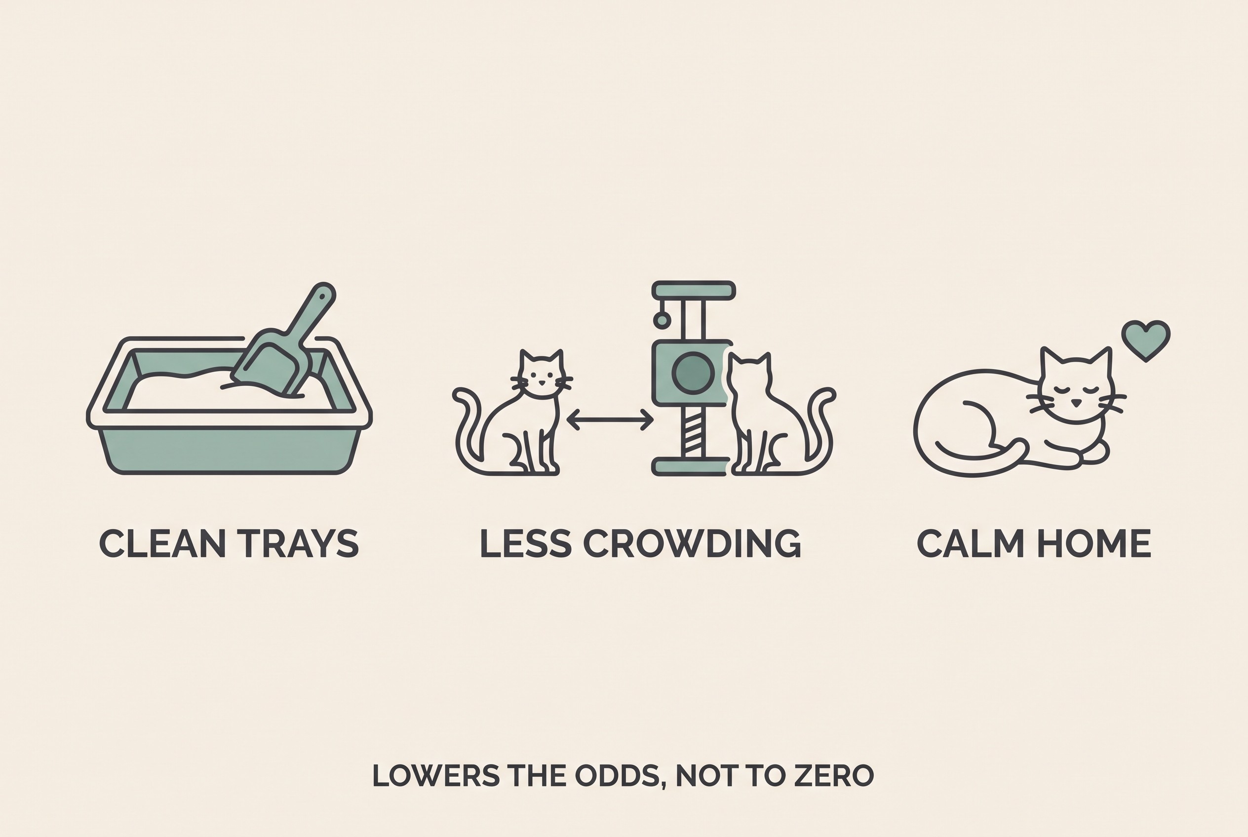 A simple icon strip on cream showing the practical levers that lower FIP risk: clean litter trays, less crowding, and a calm home, with a small honest note that risk drops but never reaches zero.