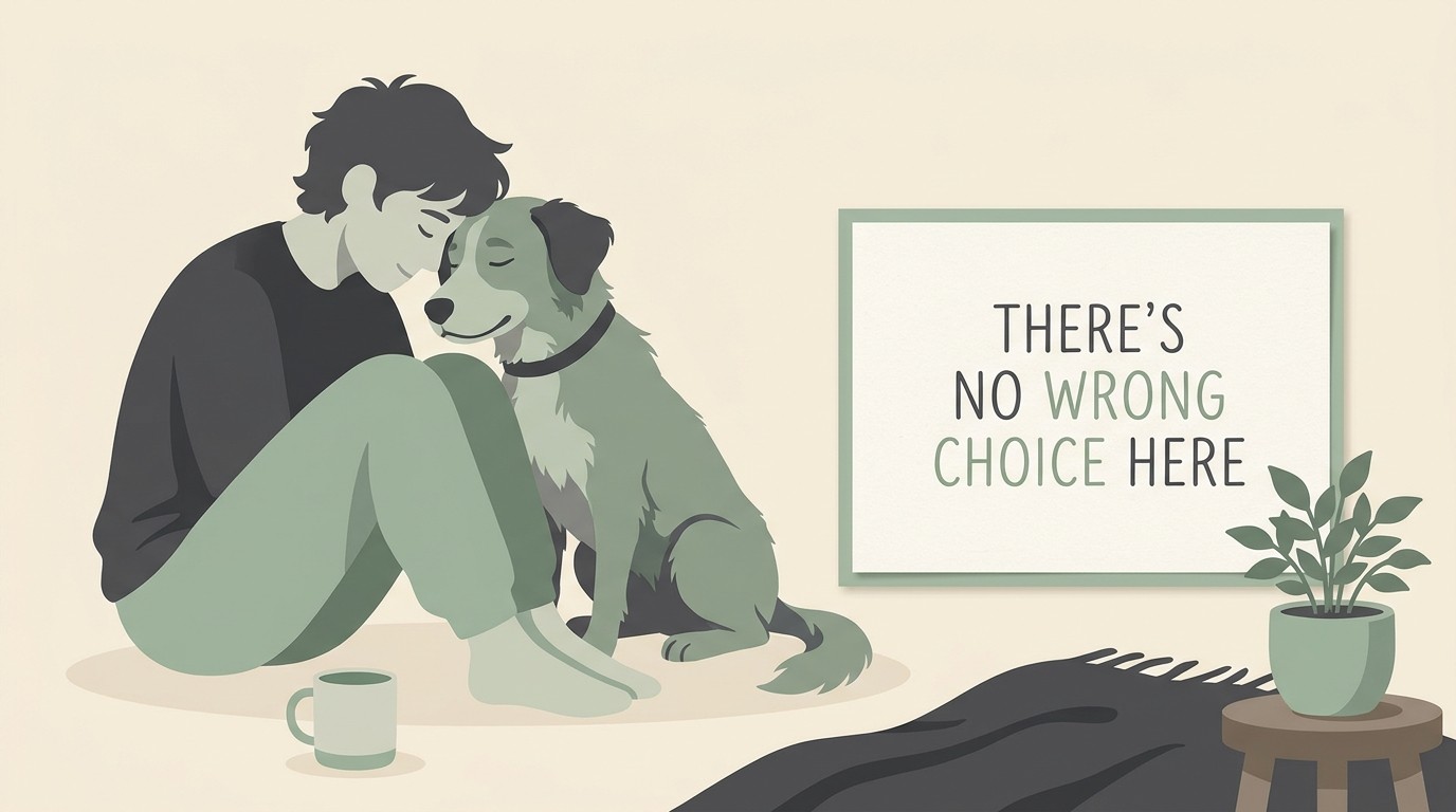 Flat vector illustration on a warm cream background of an owner sitting on the floor with their head gently resting against the head of a calm, content dog, both at peace, with a quiet card reading “THERE'S NO WRONG CHOICE HERE” in soft sage-green and charcoal lettering