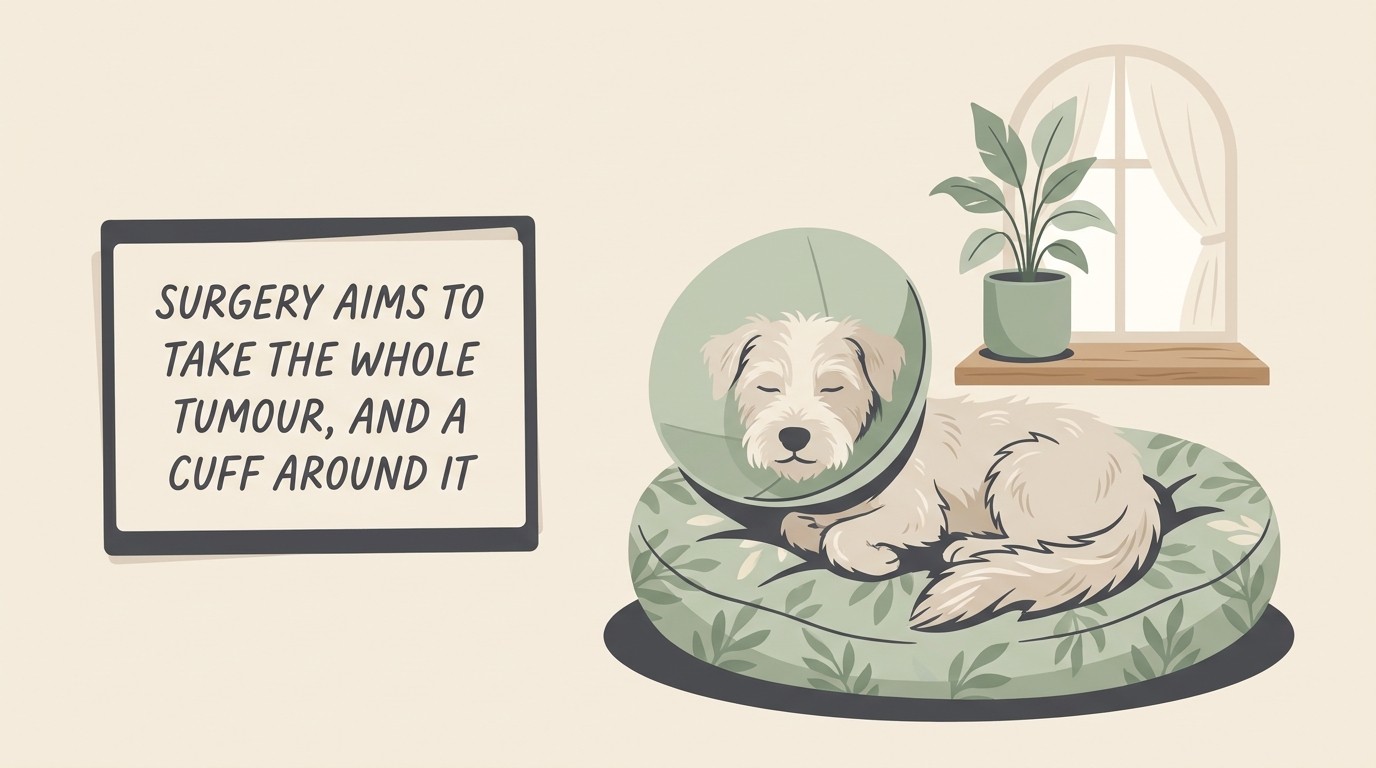 A calm dog resting comfortably on a soft bed in a soft cone, recovering quietly at home, flat vector illustration on warm cream, with a steady card reading "SURGERY AIMS TO TAKE THE WHOLE TUMOUR, AND A CUFF AROUND IT".