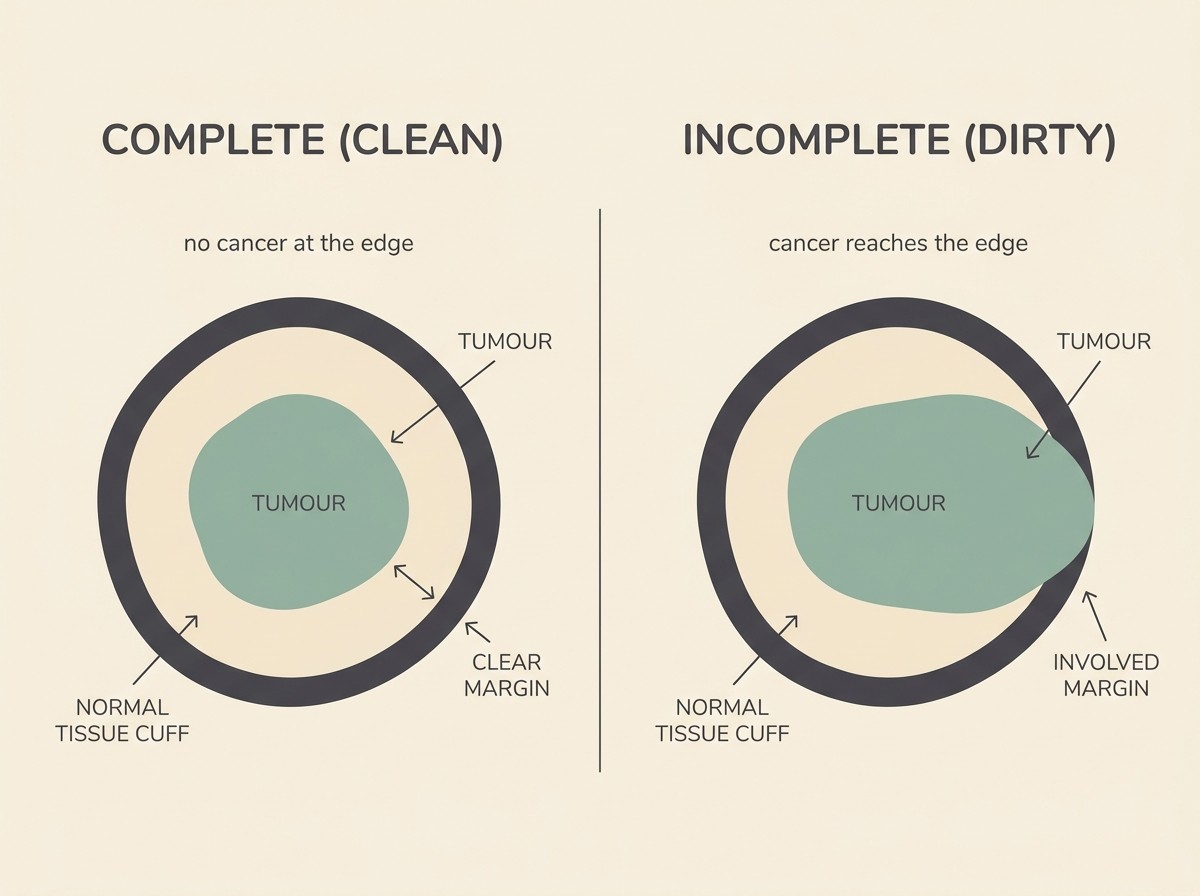 A clean, tasteful diagram on warm cream in sage and soft charcoal showing a tumour with a cuff of normal tissue around it, labelled "COMPLETE (CLEAN) = NO CANCER AT THE EDGE" beside "INCOMPLETE (DIRTY) = CANCER REACHES THE EDGE", with no graphic or surgical detail.