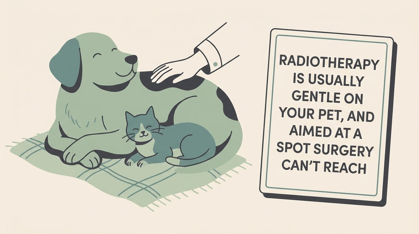 A calm, content dog resting on a soft blanket beside its owner's hand, flat vector illustration on warm cream, with a steady card reading "RADIOTHERAPY IS USUALLY GENTLE ON YOUR PET, AND AIMED AT A SPOT SURGERY CAN'T REACH".