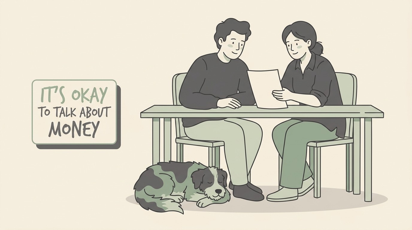 Flat vector illustration on a warm cream background of an owner and a vet sitting together at a table with a calm dog resting beside them, looking over a simple sheet of paper between them, both relaxed and unhurried, with a quiet card reading “IT'S OKAY TO TALK ABOUT MONEY” in soft sage-green and charcoal lettering