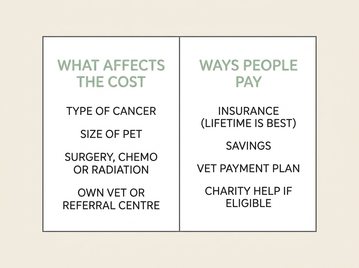 Flat vector card on a cream background, divided into two clean panels in soft sage-green and charcoal. The left panel headed “WHAT AFFECTS THE COST” lists “TYPE OF CANCER / SIZE OF PET / SURGERY, CHEMO OR RADIATION / OWN VET OR REFERRAL CENTRE”. The right panel headed “WAYS PEOPLE PAY” lists “INSURANCE (LIFETIME IS BEST) / SAVINGS / VET PAYMENT PLAN / CHARITY HELP IF ELIGIBLE”. Calm, neutral, no pound signs drawn large or alarming