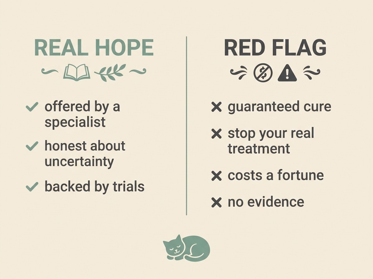 A clean two-column card, flat vector on warm cream in sage and soft charcoal, headed “REAL HOPE” beside “RED FLAG”. The real-hope column reads “offered by a specialist, honest about uncertainty, backed by trials”. The red-flag column reads “guaranteed cure, stop your real treatment, costs a fortune, no evidence”.