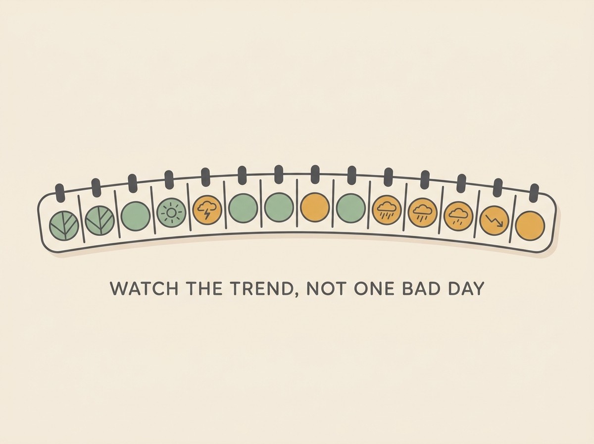A simple, gentle illustration of two weeks shown as a row of small day-markers, the good days in soft sage and the harder days in warm amber, the balance tipping so the harder days slowly start to outnumber the good ones toward the right.