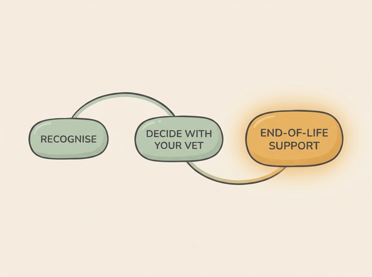 A simple horizontal signpost with three gentle stages reading "RECOGNISE", "DECIDE WITH YOUR VET", "END-OF-LIFE SUPPORT", the last node glowing warmly to show the path continues onward.