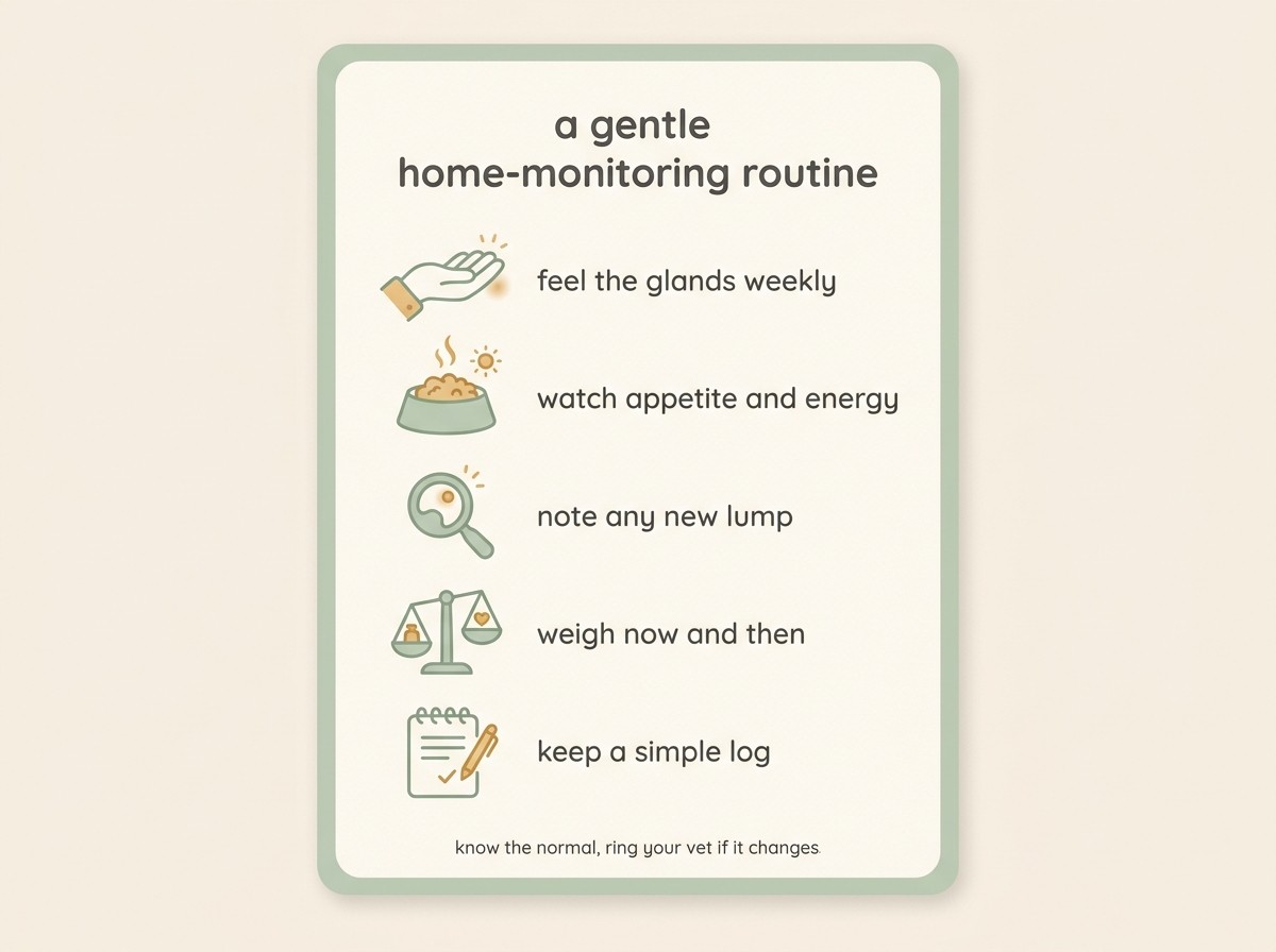 A calm illustrated checklist card titled "a gentle home-monitoring routine", listing five soft prompts with simple icons.