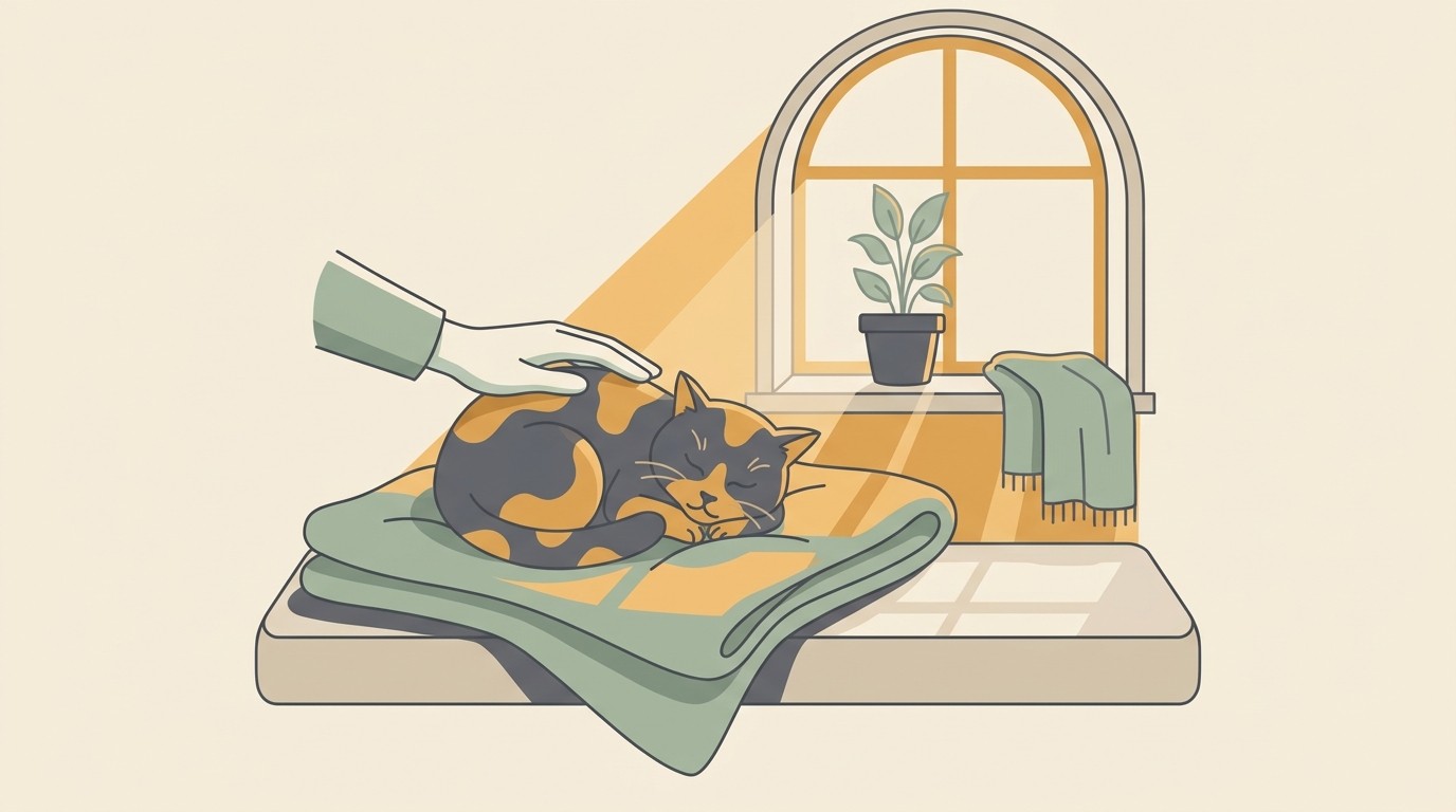 Flat vector illustration on a warm cream background of a content older cat curled up asleep on a thick, soft blanket in a sunny windowsill at home, an owner's hand resting gently on its side, everything calm and unhurried, in soft sage-green, warm honey-amber and charcoal