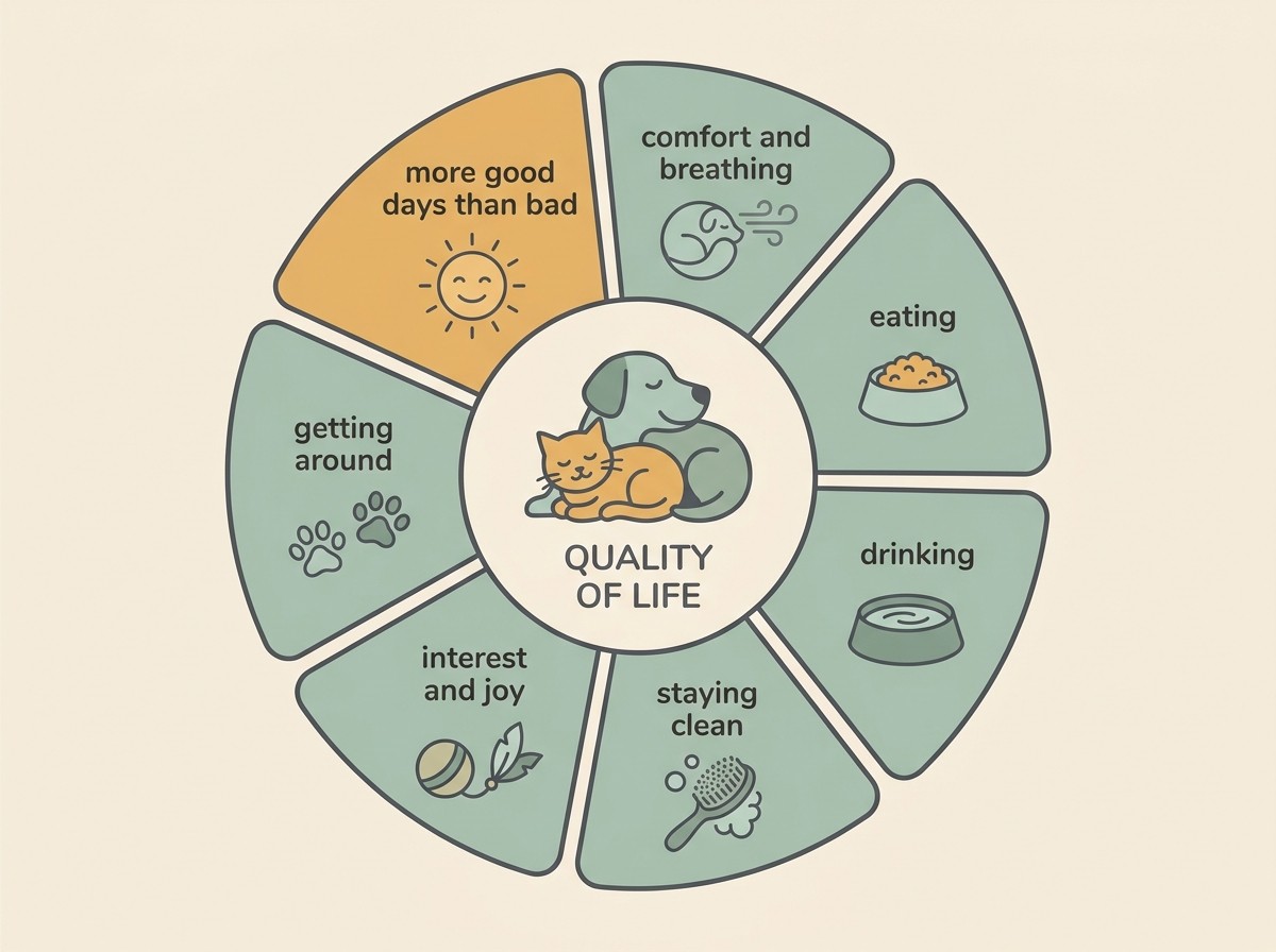 A gentle circular diagram of seven quality-of-life domains arranged like a wheel: comfort and breathing, eating, drinking, staying clean, interest and joy, getting around, and good days versus bad, with the good-days segment glowing warmly.