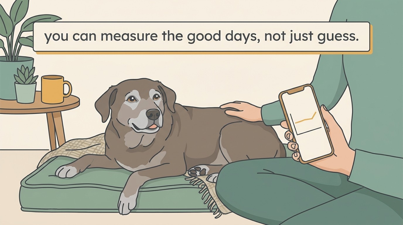 A calm older dog resting on a soft bed beside its owner, who holds a phone showing a gentle, steady line; a soft card reads "you can measure the good days, not just guess".