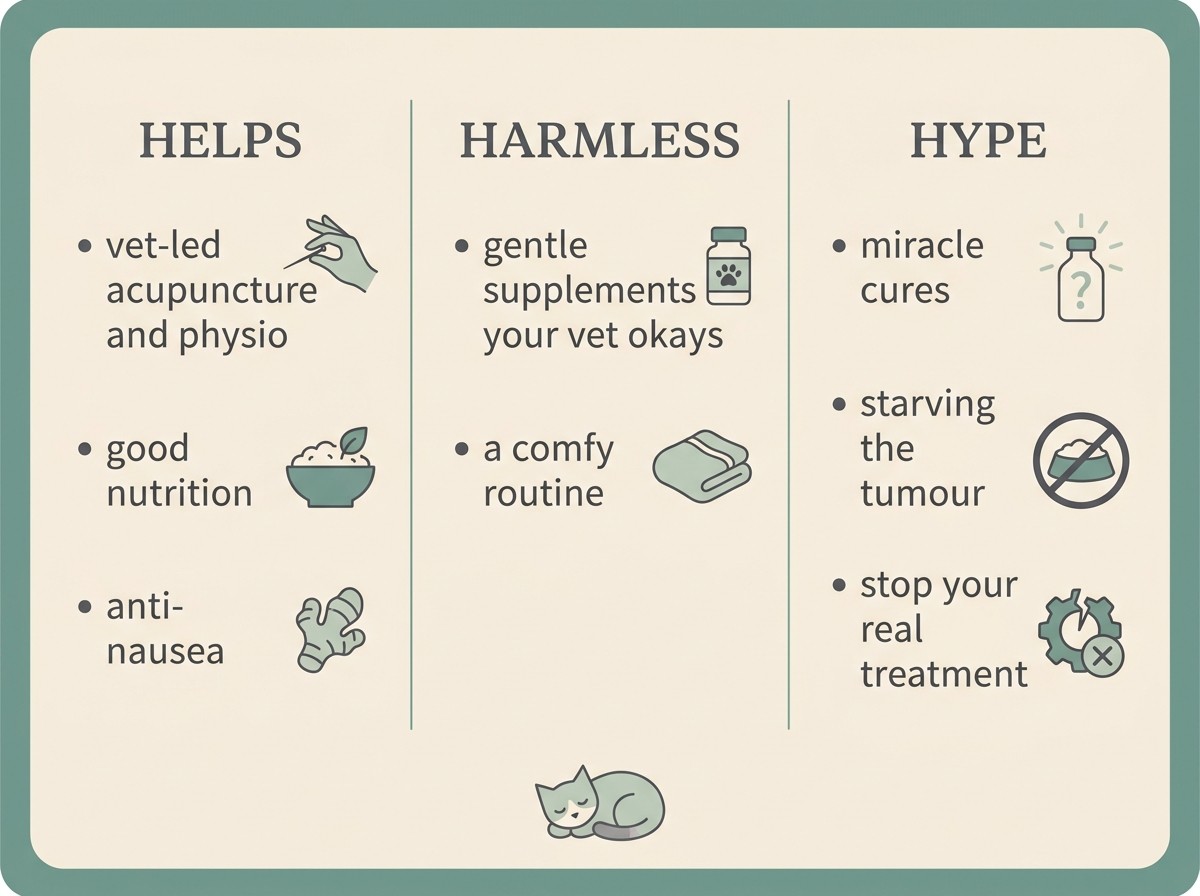 A clean three-column card, flat vector on warm cream in sage and soft charcoal, headed "HELPS" then "HARMLESS" then "HYPE". The helps column reads "vet-led acupuncture and physio, good nutrition, anti-nausea". The harmless column reads "gentle supplements your vet okays, a comfy routine". The hype column reads "miracle cures, starving the tumour, stop your real treatment".