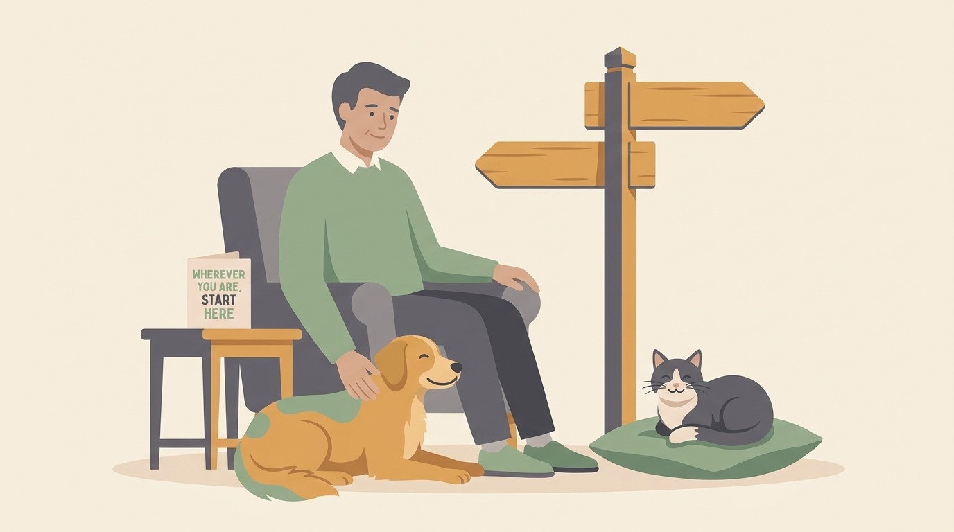 Flat vector illustration on warm cream of a calm owner with one hand resting on a relaxed dog and a content cat nearby, beside a gentle fingerpost sign, with a steady card reading WHEREVER YOU ARE, START HERE