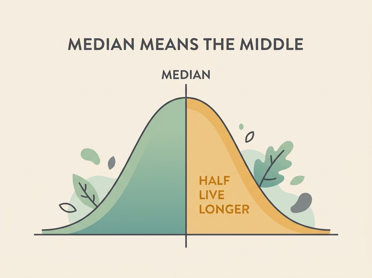A simple bell-curve strip showing the median in the centre with the right-hand half marked “half live longer”