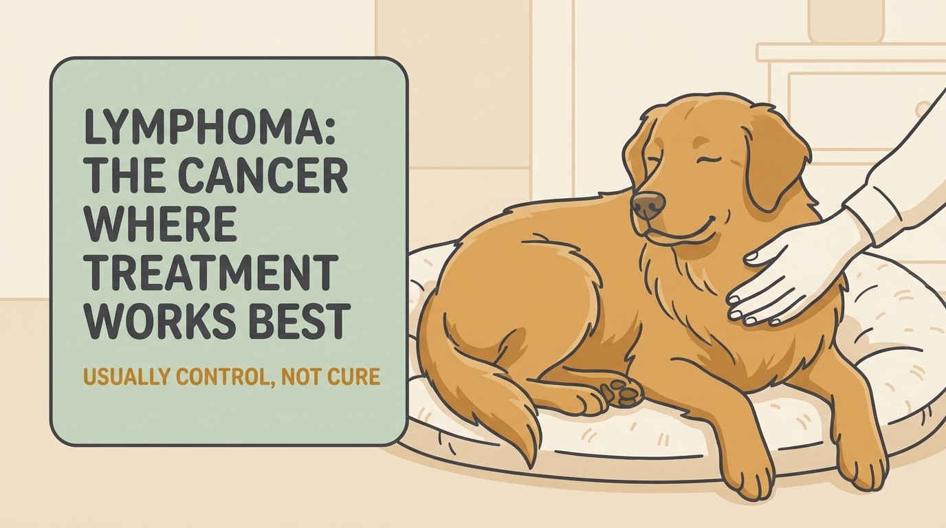 A calm, comfortable dog resting at home beside a steady note that reads "Lymphoma: the cancer where treatment works best - usually control, not cure".