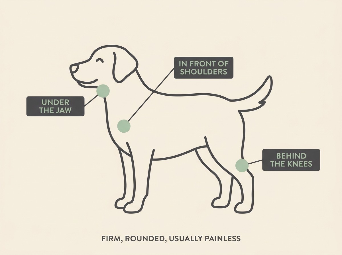 A simple body outline marking the easy-to-feel lymph nodes under the jaw, in front of the shoulders and behind the knees.