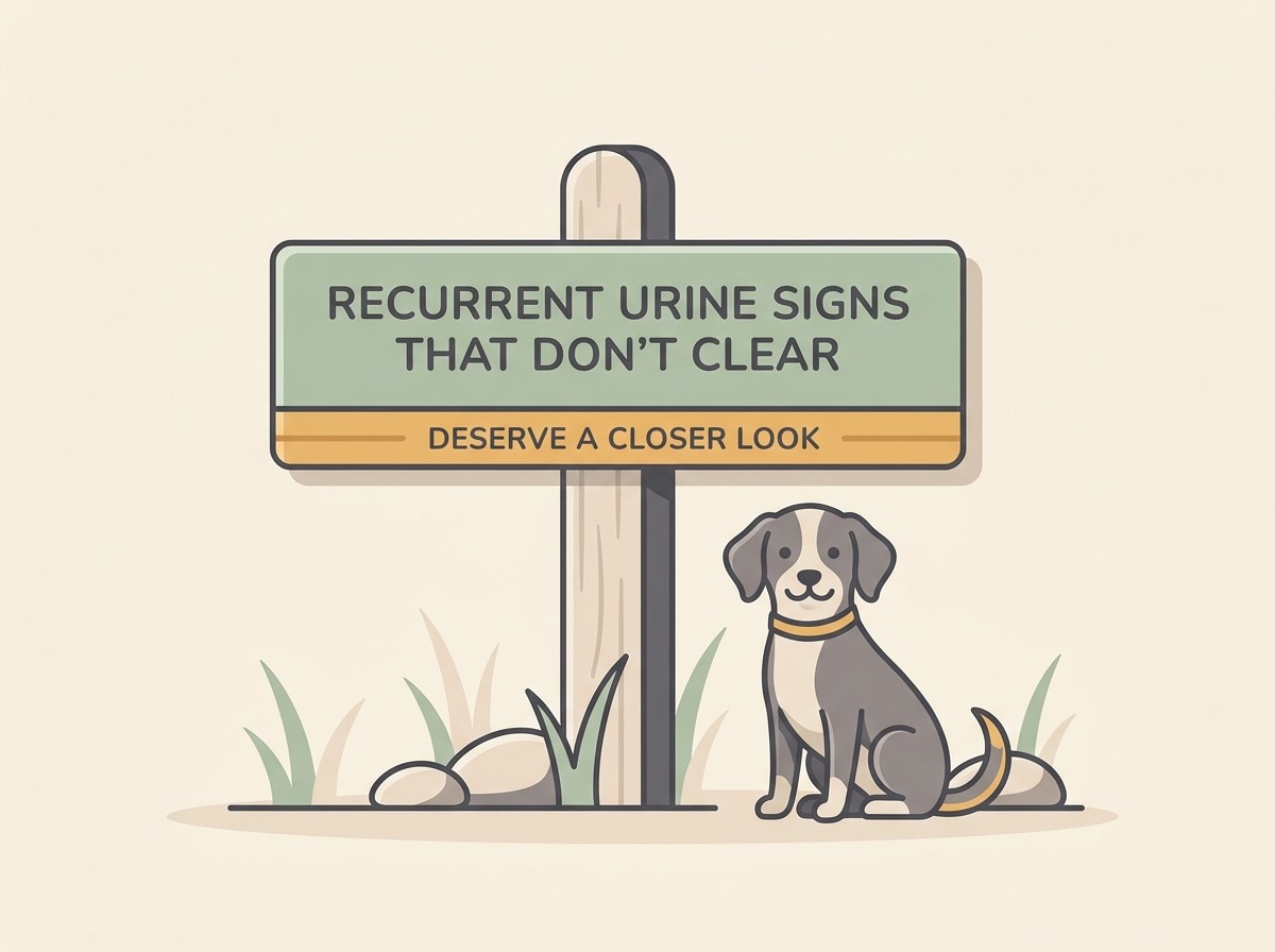 A gentle signpost card reading “Recurrent urine signs that don't clear deserve a closer look”.