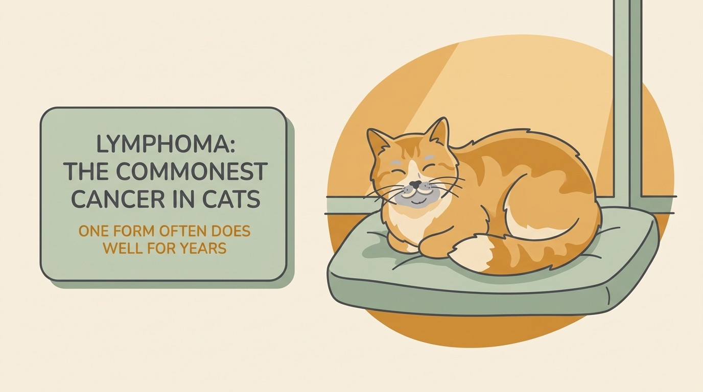 A calm older cat resting contentedly on a soft windowsill in the sun, beside a steady note reading "Lymphoma is the commonest cancer in cats - and one of its forms often does well for years".