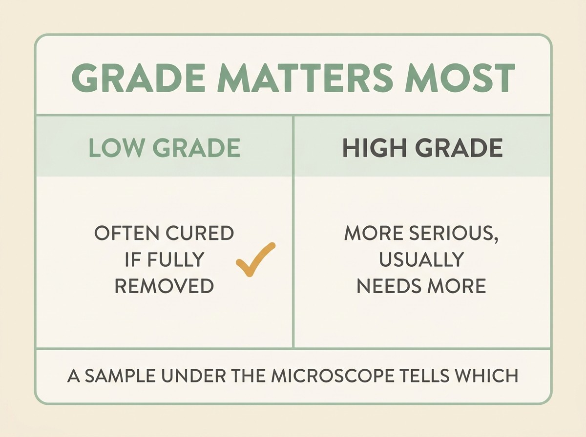 A simple card headed “GRADE MATTERS MOST” with two contrasting columns, LOW GRADE reading often cured if fully removed and HIGH GRADE reading more serious, needs more, both under a line saying a sample under the microscope tells which