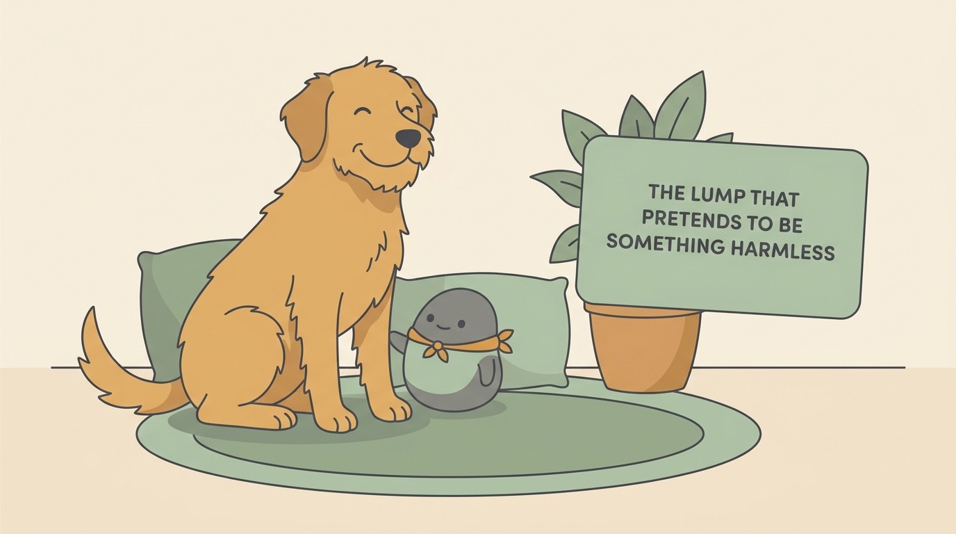 A calm, content dog sitting comfortably at home beside a small, ordinary-looking lump that is also wearing a tiny disguise, with a steady card reading THE LUMP THAT PRETENDS TO BE SOMETHING HARMLESS