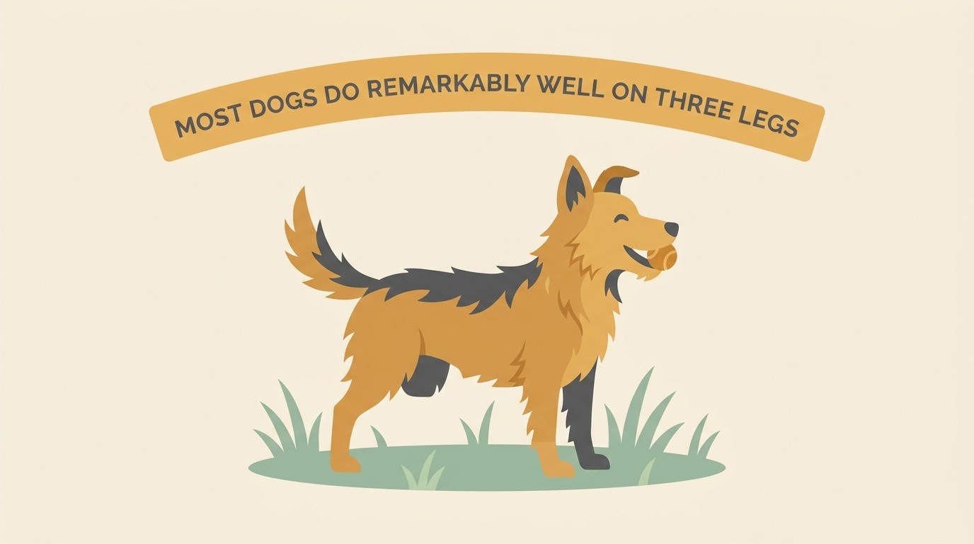 A happy three-legged dog trotting in a garden with a ball, clearly comfortable, beside a card reading “Most dogs do remarkably well on three legs”
