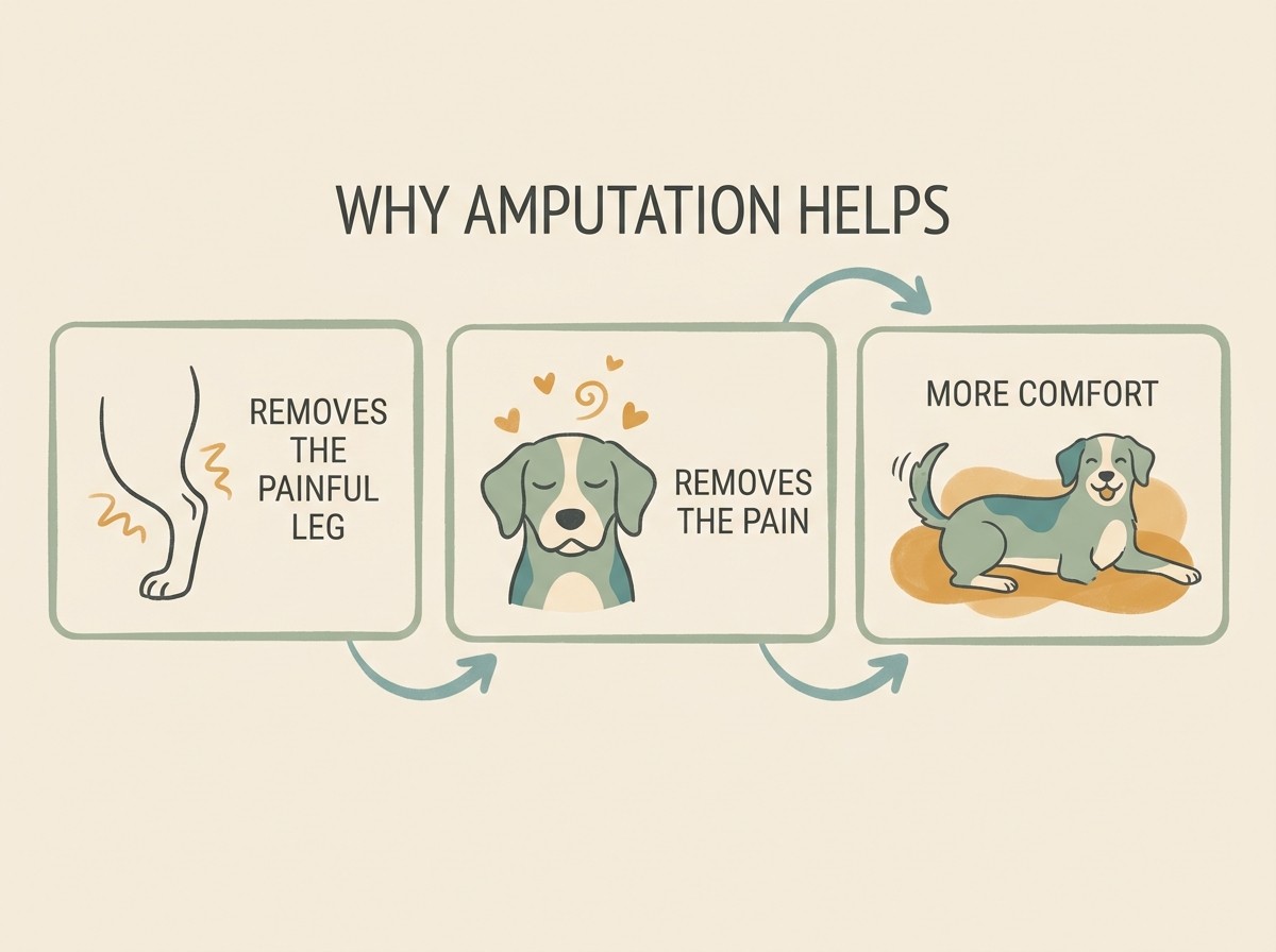 A gentle three-step strip showing how amputation removes the painful leg and so removes the pain, leaving a comfortable dog