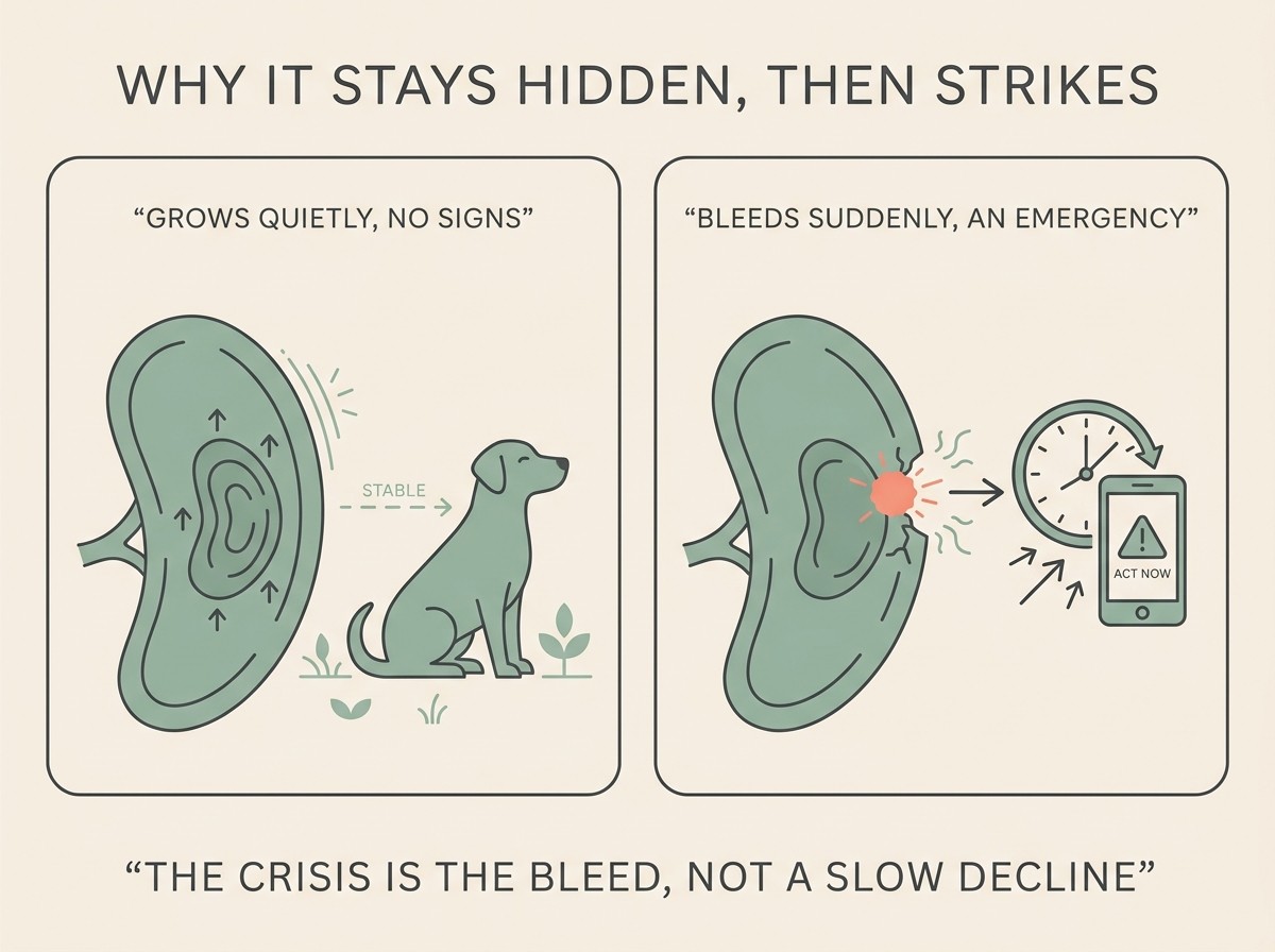 A simple two-stage explainer card headed “WHY IT STAYS HIDDEN, THEN STRIKES”, showing a small steady tumour on the spleen on the left under “GROWS QUIETLY, NO SIGNS”, and the same area on the right under “BLEEDS SUDDENLY, AN EMERGENCY”, calm sage and charcoal with one restrained coral marker, on warm cream.