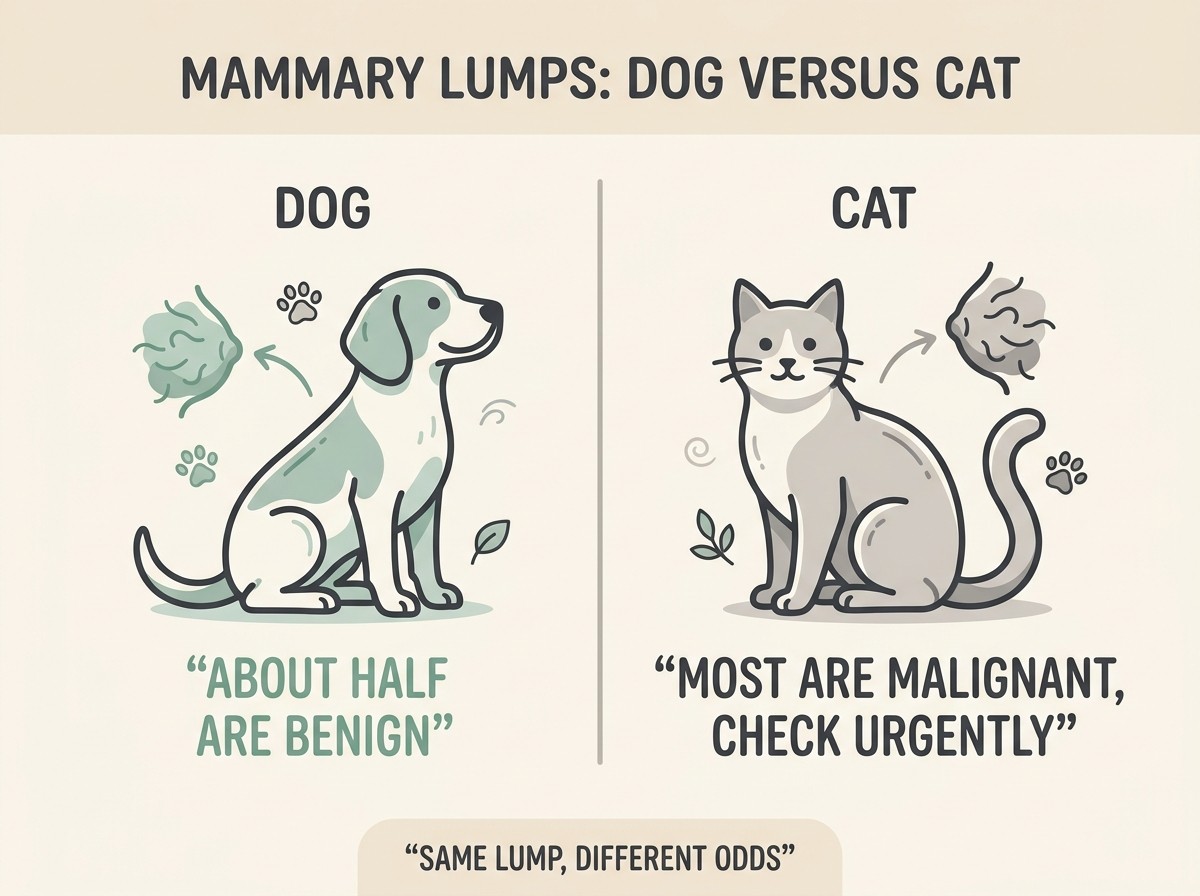 A simple two-column card titled “Mammary lumps: dog versus cat”, the dog side in sage reading “About half benign”, the cat side in soft charcoal reading “Most are malignant, check urgently”