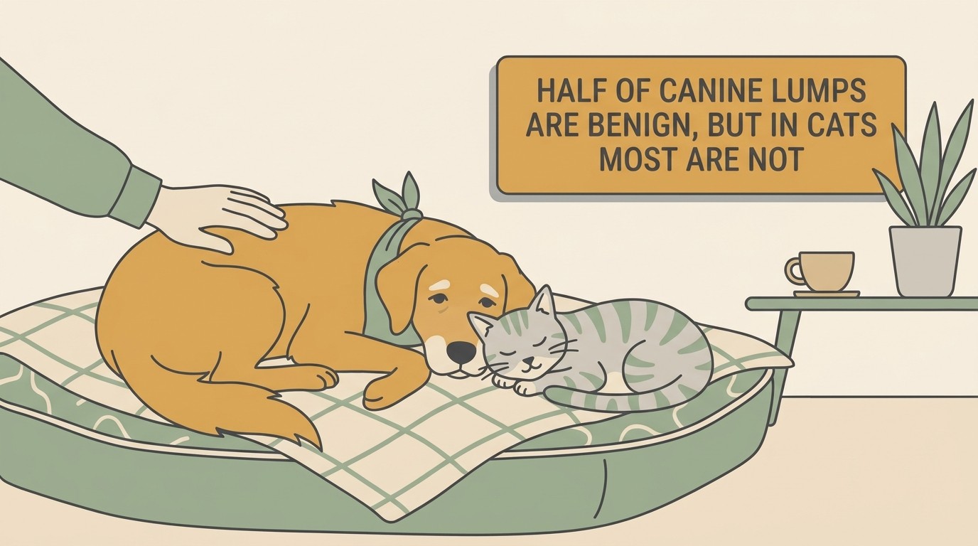 A calm older dog and a contented cat resting together on a soft bed, beside a gentle card reading “Half of canine lumps are benign, but in cats most are not”