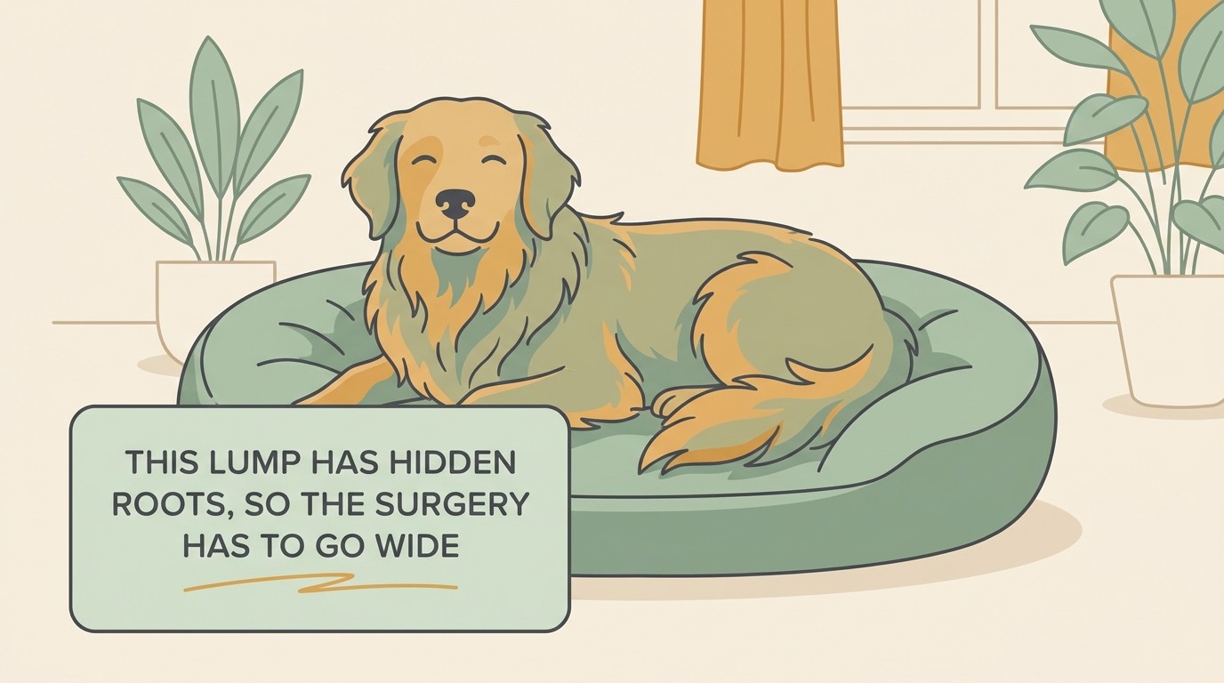 A calm, content dog lying comfortably on a soft bed at home, flat vector illustration on warm cream, beside a steady card reading THIS LUMP HAS HIDDEN ROOTS, SO THE SURGERY HAS TO GO WIDE