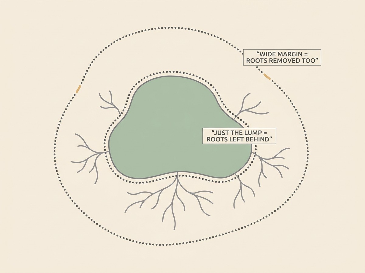 A clean, tasteful diagram on warm cream in sage and soft charcoal showing a rounded lump with thin finger-like projections reaching into the tissue around it, contrasting a tight dotted line labelled “JUST THE LUMP = ROOTS LEFT BEHIND” with a wide dotted line labelled “WIDE MARGIN = ROOTS REMOVED TOO”, no graphic or surgical detail.