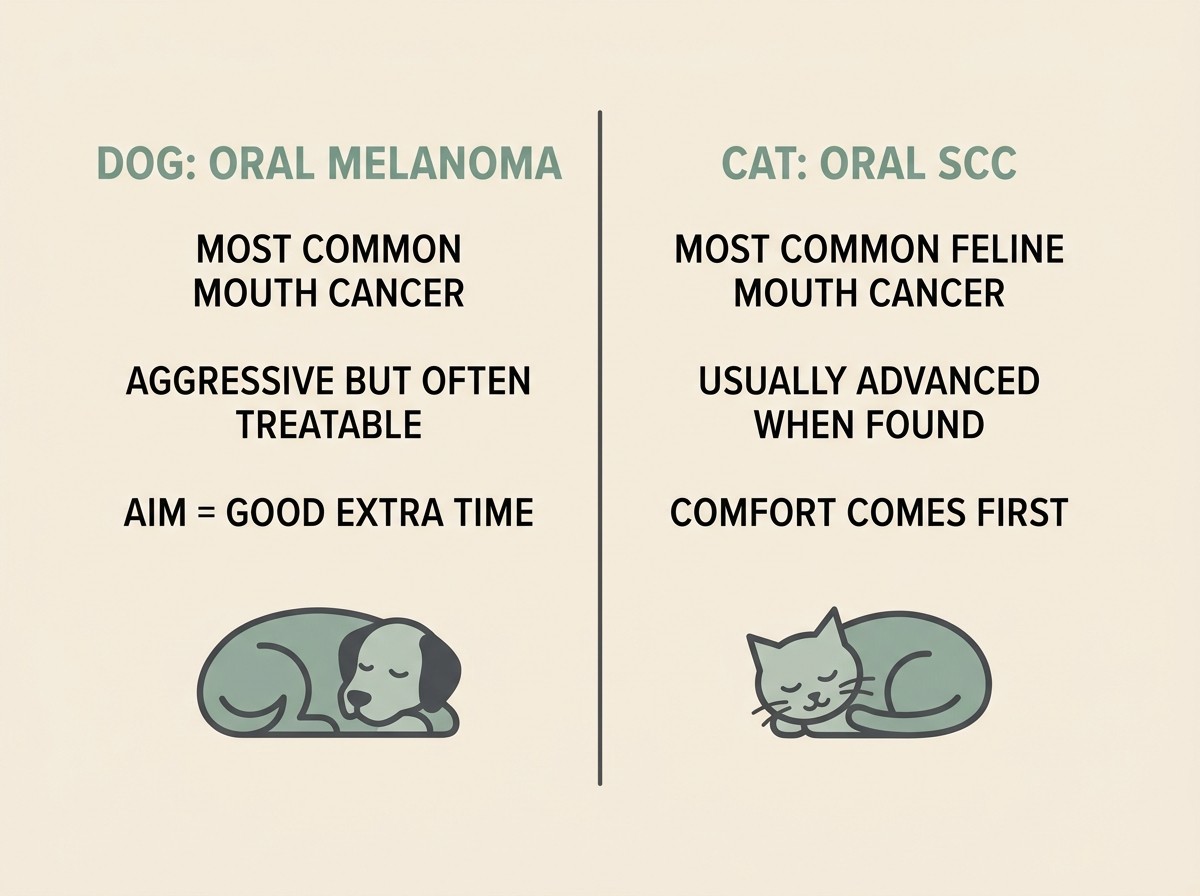 A two-cancers contrast card showing canine oral melanoma and feline oral squamous cell carcinoma side by side, sage on cream.