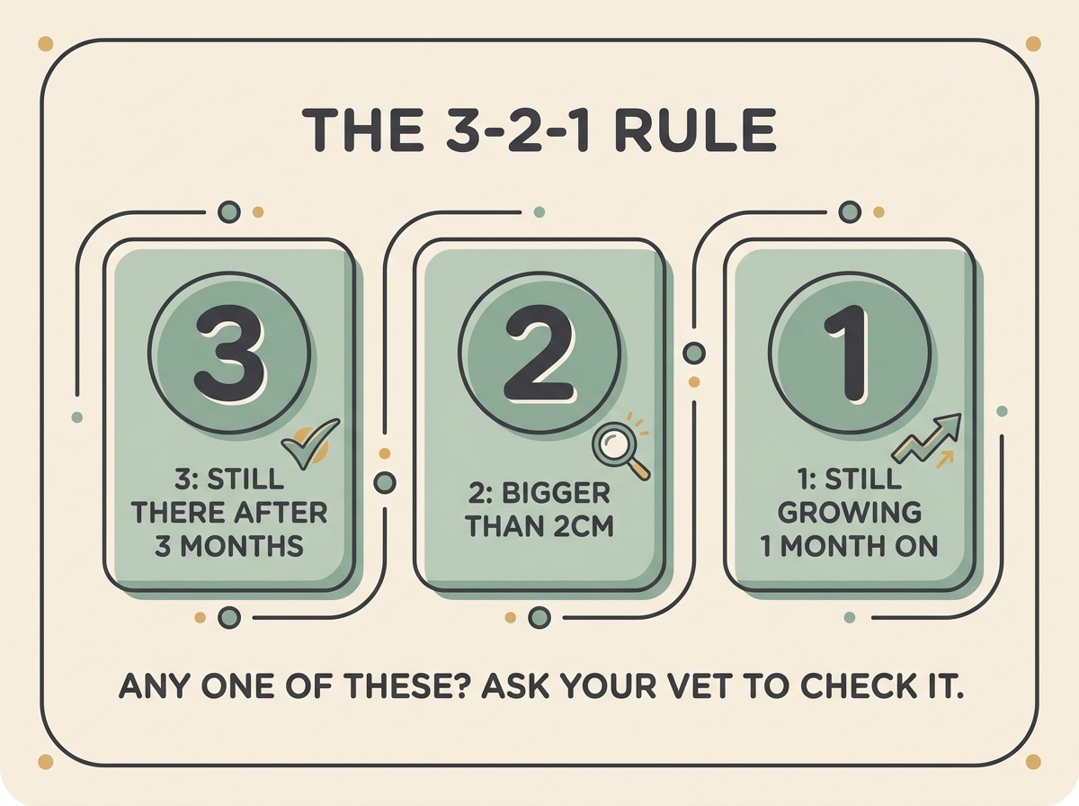 A clean explainer card headed “THE 3-2-1 RULE”, three sage panels reading “3: still there after 3 months”, “2: bigger than 2cm”, “1: still growing 1 month on”, with a footer “ANY ONE OF THESE? ASK YOUR VET TO CHECK IT”